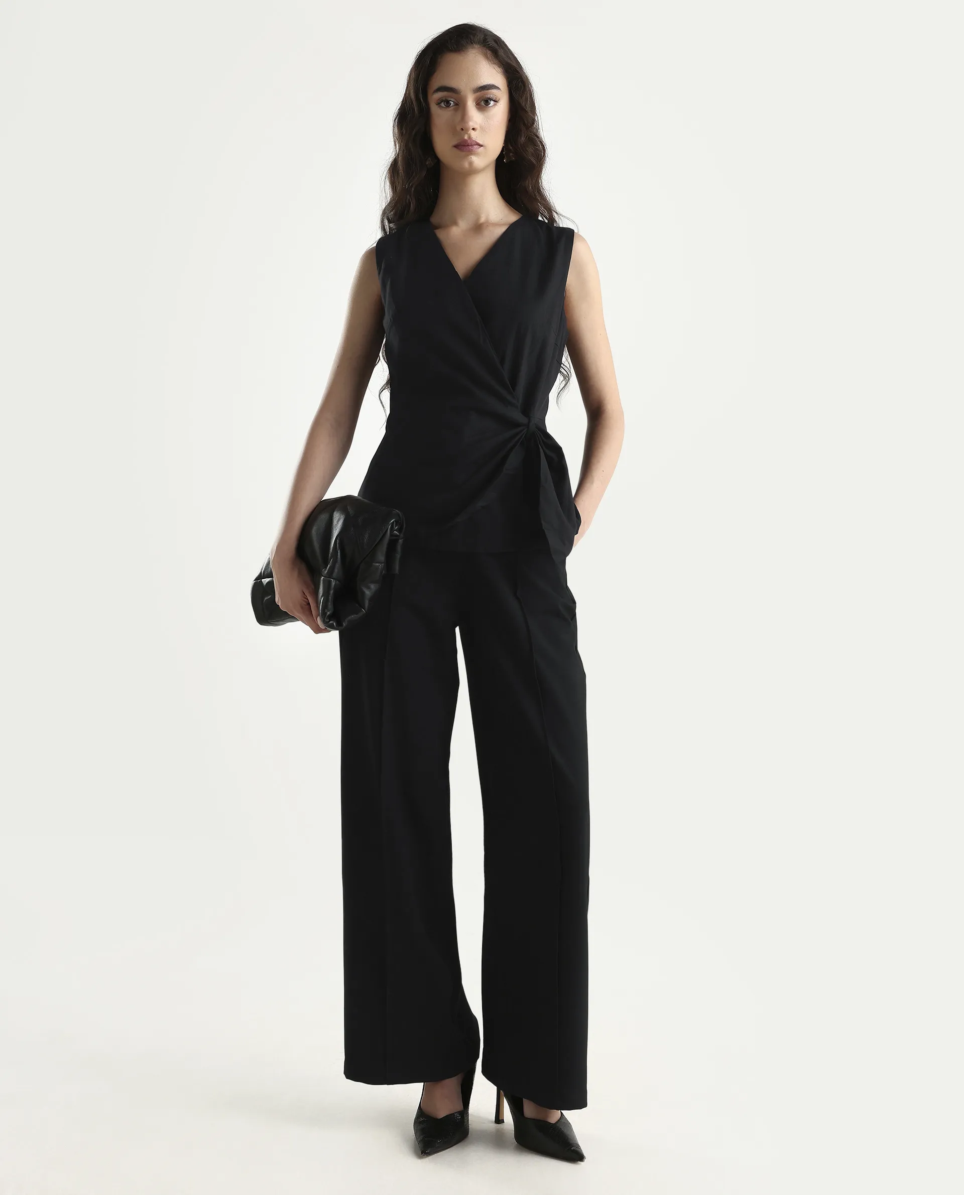 Rareism Women's Minato Black Cotton Blend Overlap Neck Plain Sleeveless Regular Fit Top - Image 2