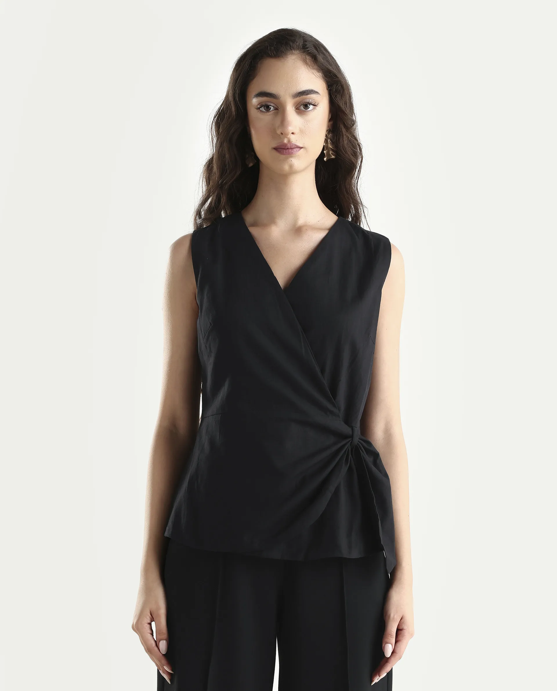 Rareism Women's Minato Black Cotton Blend Overlap Neck Plain Sleeveless Regular Fit Top - Image 3