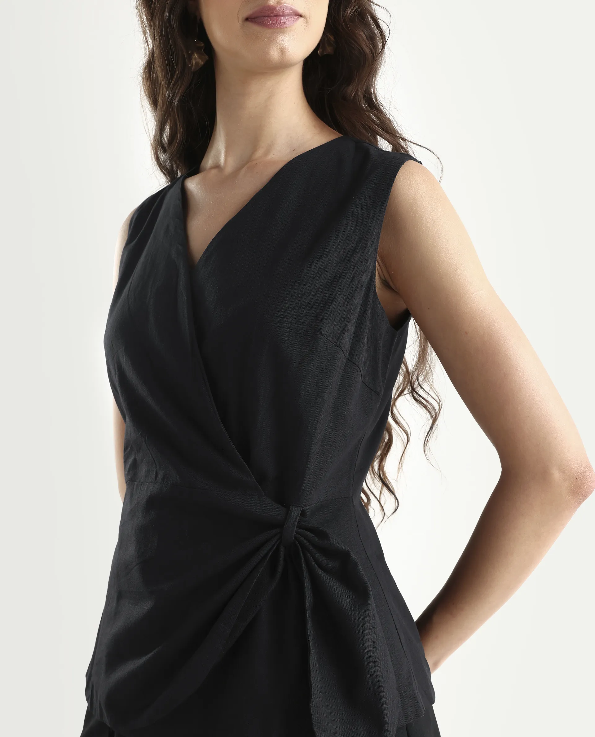 Rareism Women's Minato Black Cotton Blend Overlap Neck Plain Sleeveless Regular Fit Top - Image 4