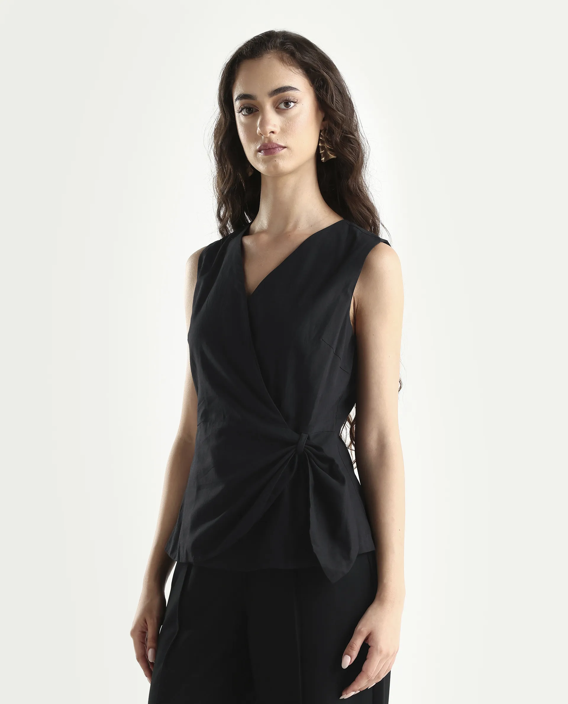 Rareism Women's Minato Black Cotton Blend Overlap Neck Plain Sleeveless Regular Fit Top - Image 5