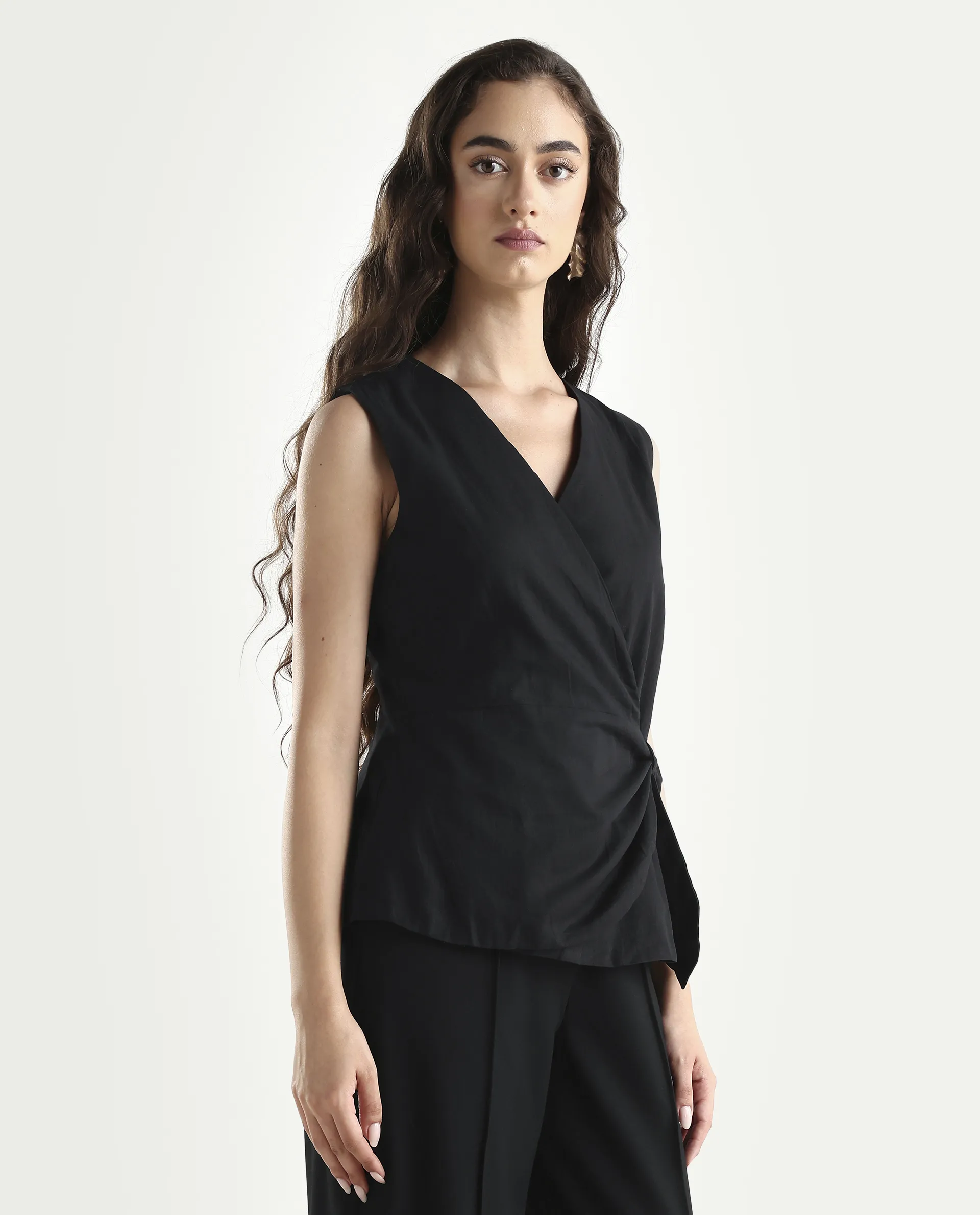 Rareism Women's Minato Black Cotton Blend Overlap Neck Plain Sleeveless Regular Fit Top - Image 6