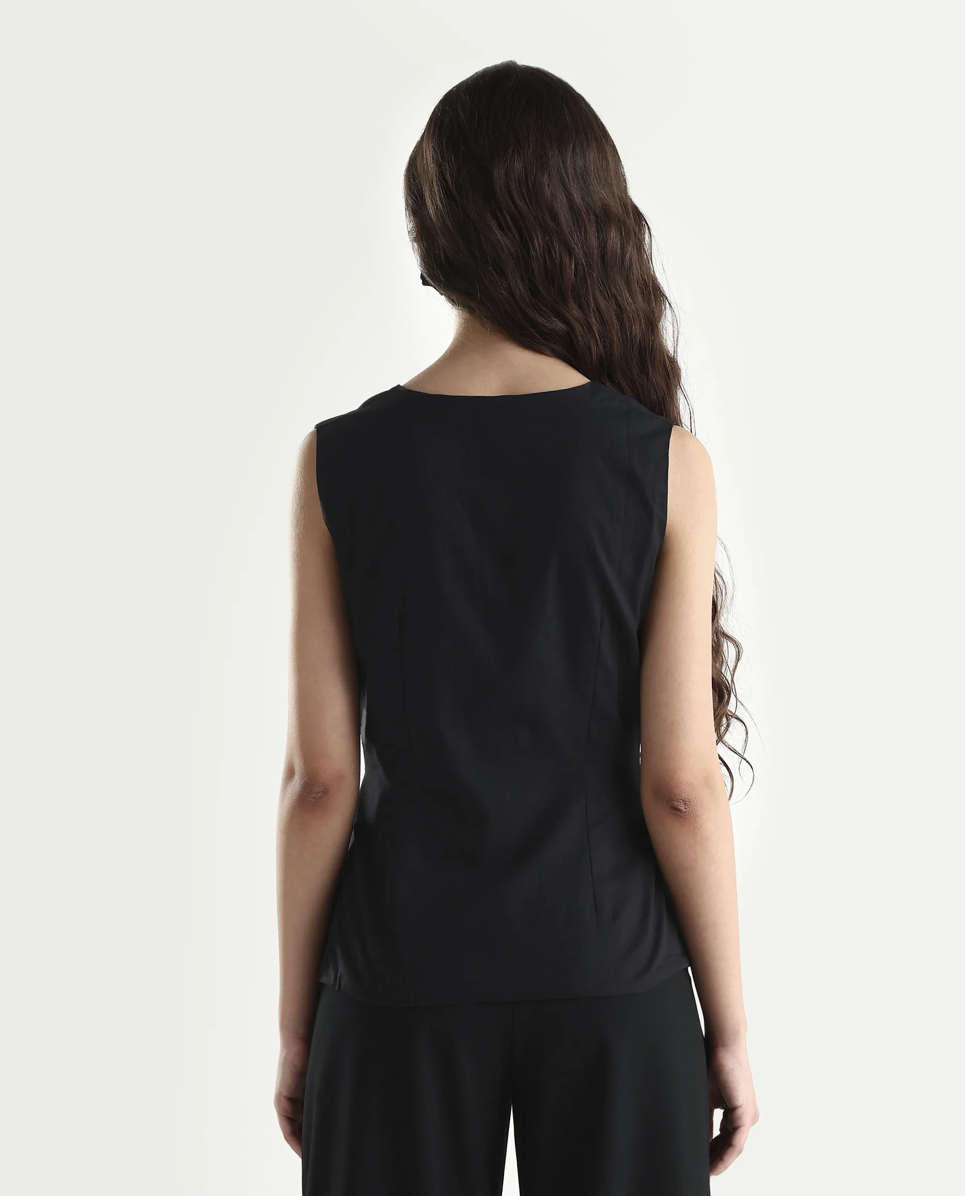 Rareism Women's Minato Black Cotton Blend Overlap Neck Plain Sleeveless Regular Fit Top - Image 7