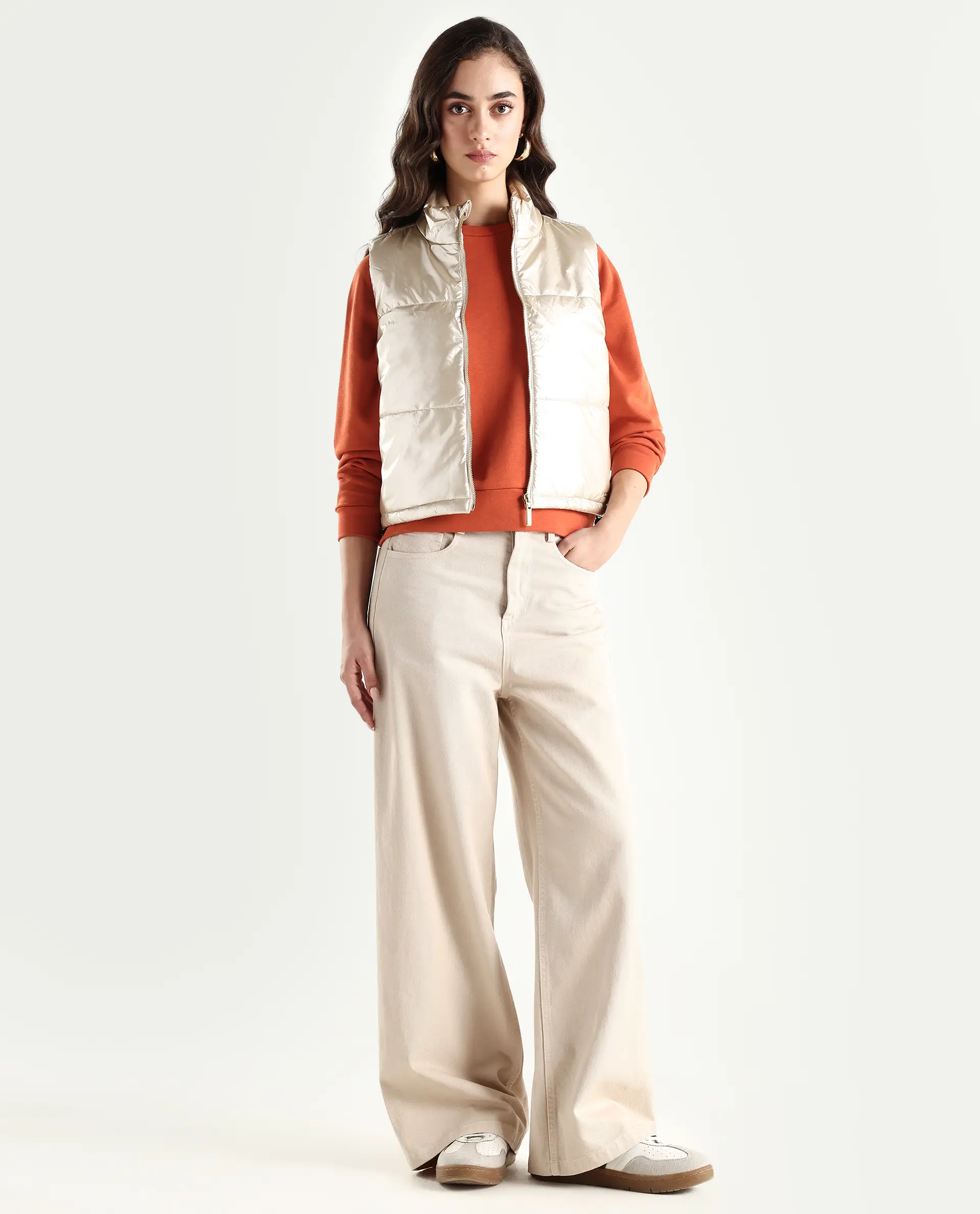 Rareism Women's Mindy Beige Polyester High Neck Plain Sleeveless Regular Fit Jacket - Image 2