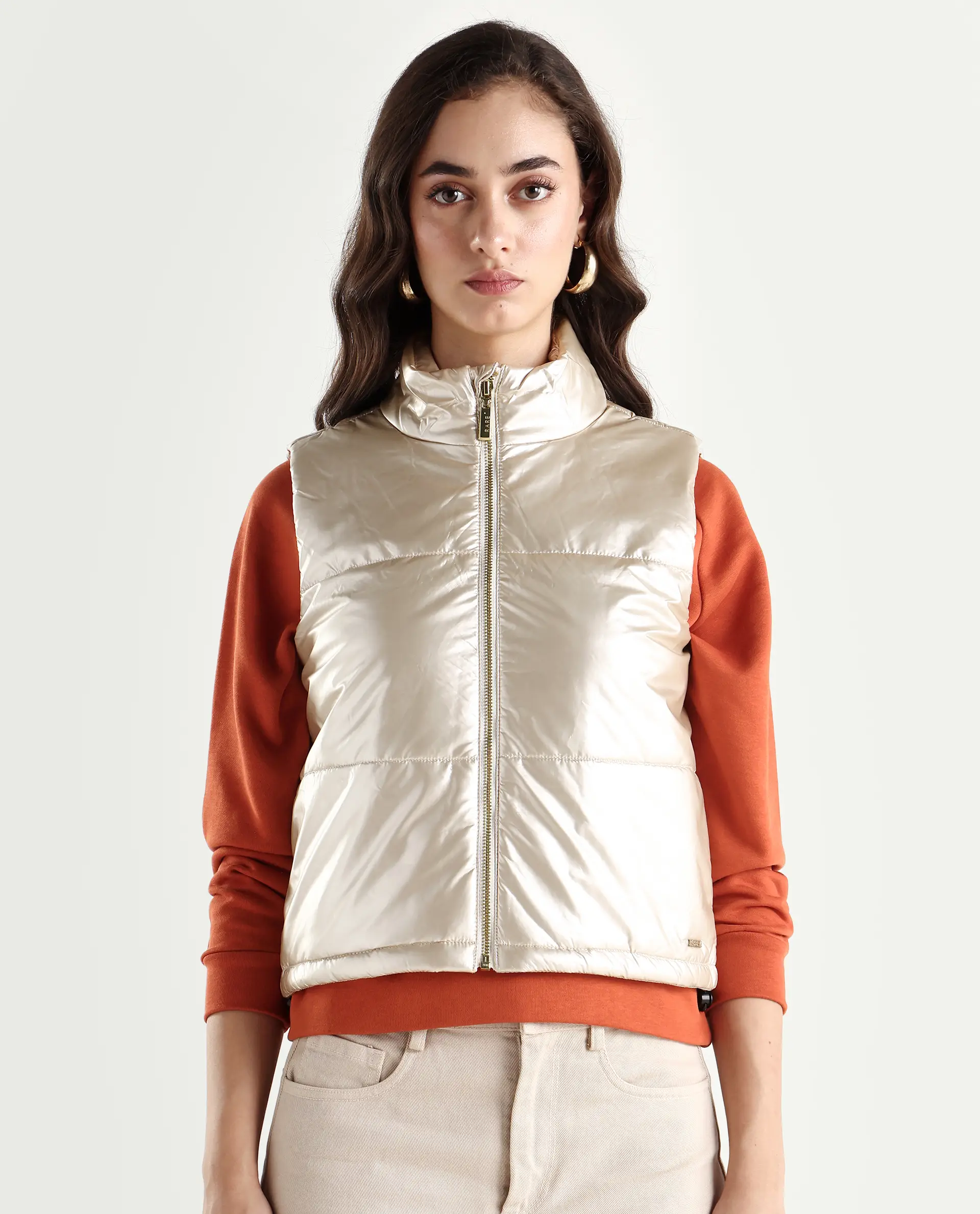 Rareism Women's Mindy Beige Polyester High Neck Plain Sleeveless Regular Fit Jacket - Image 3