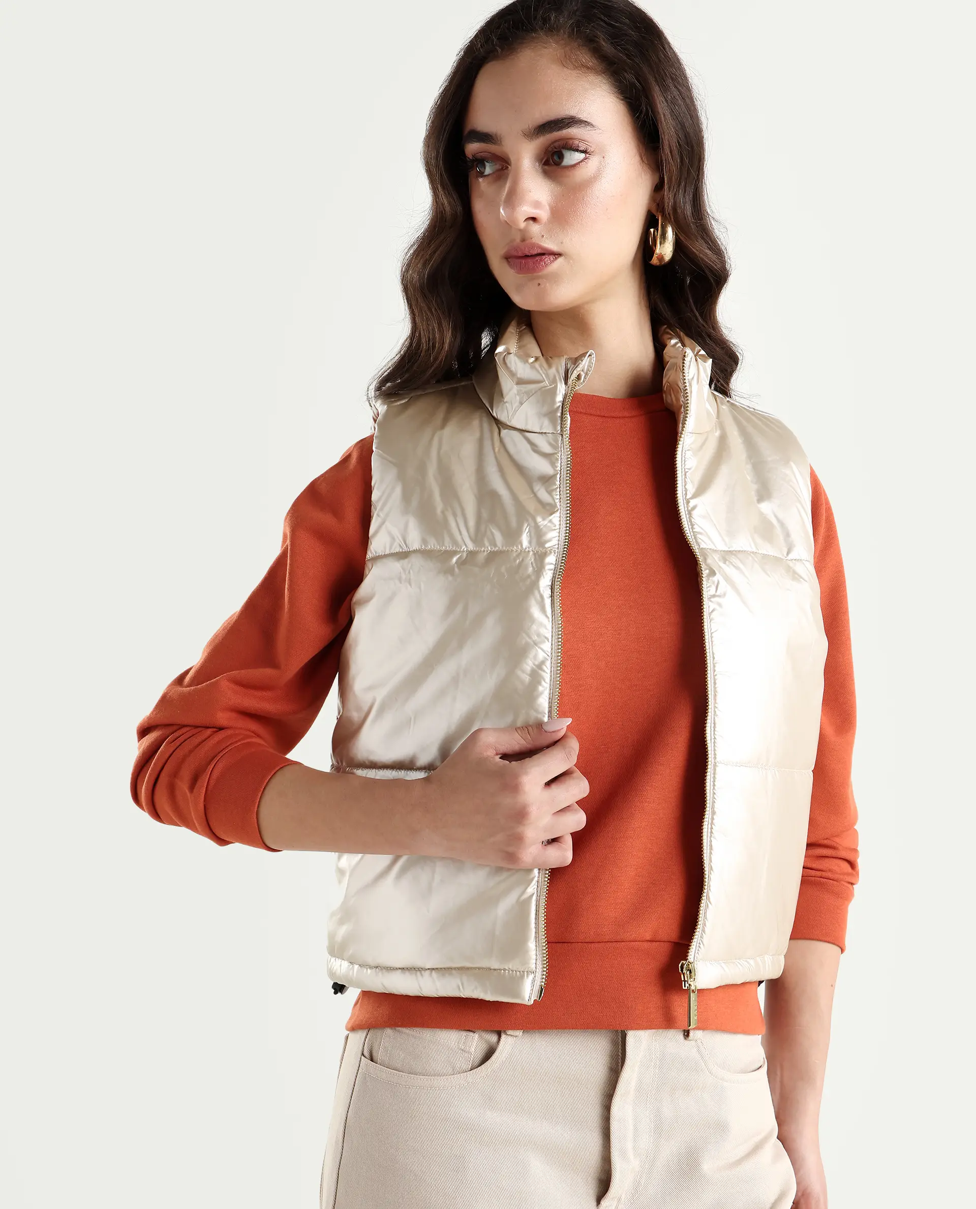 Rareism Women's Mindy Beige Polyester High Neck Plain Sleeveless Regular Fit Jacket - Image 4