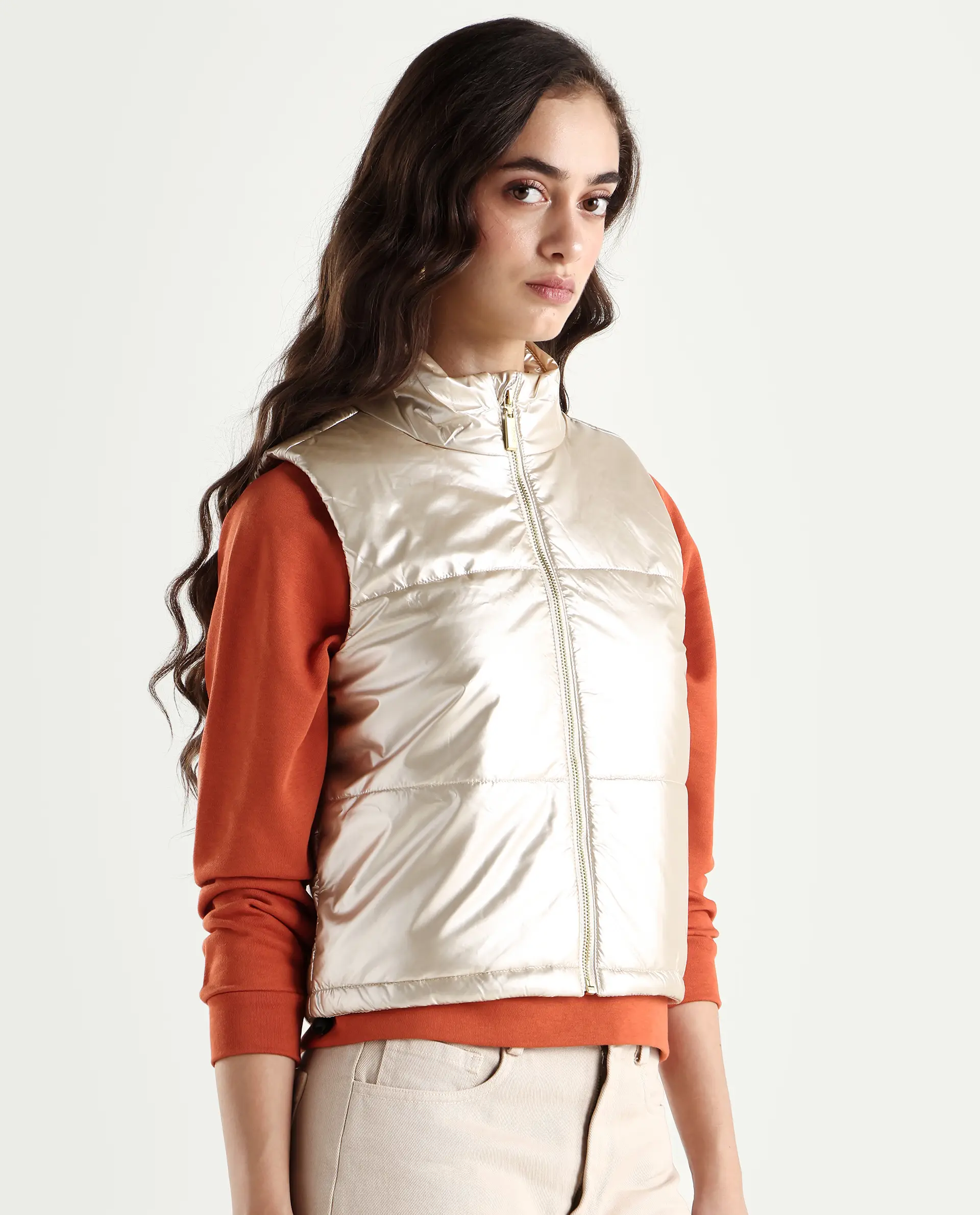 Rareism Women's Mindy Beige Polyester High Neck Plain Sleeveless Regular Fit Jacket - Image 5