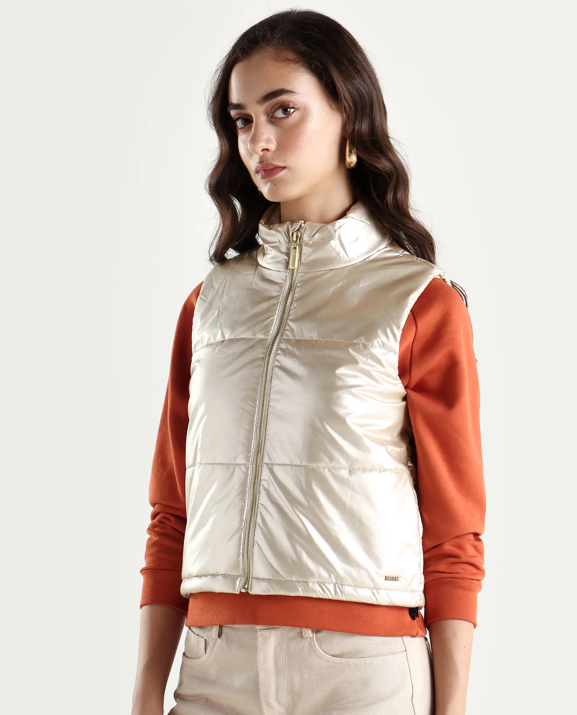 Rareism Women's Mindy Beige Polyester High Neck Plain Sleeveless Regular Fit Jacket - Image 6