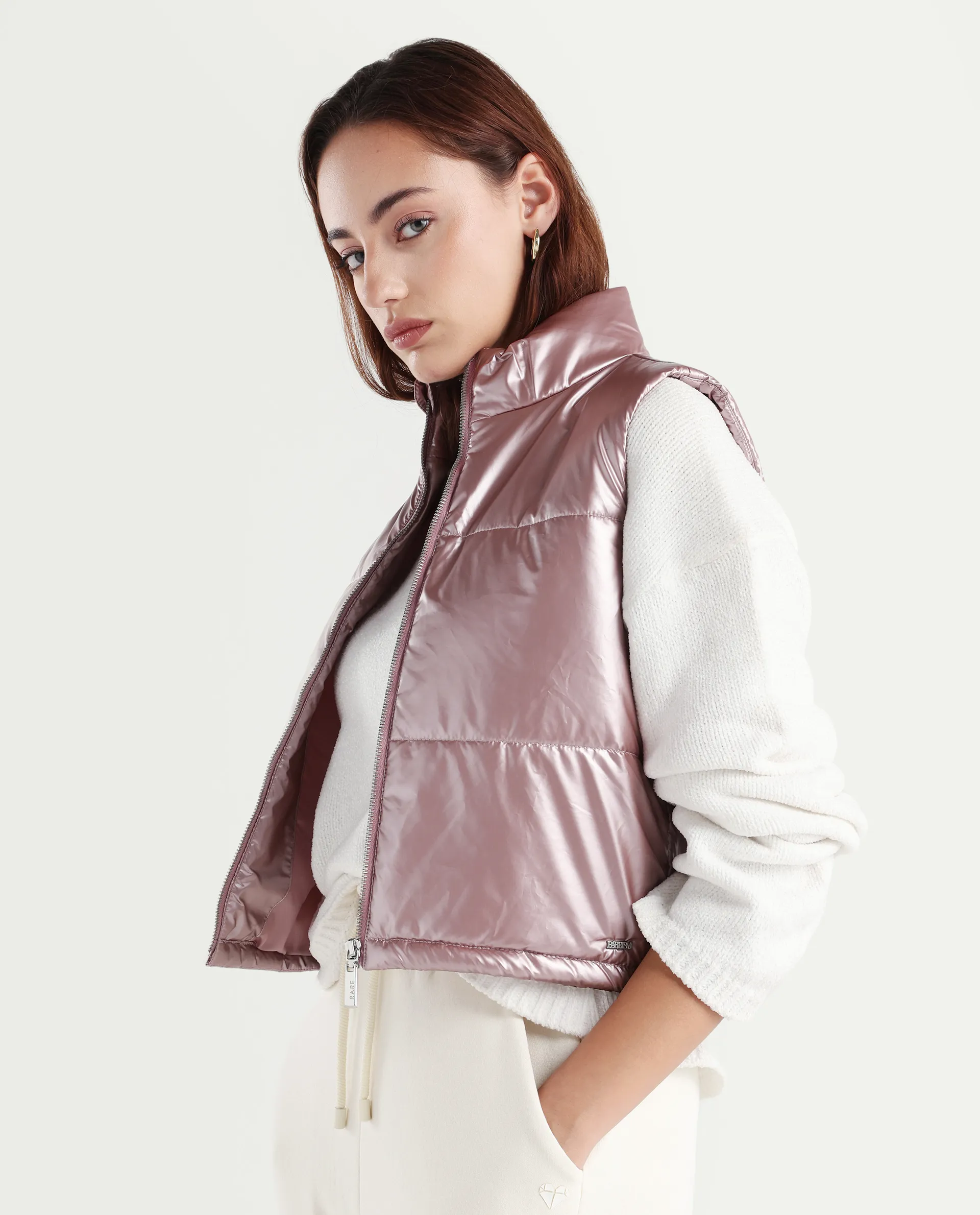 Rareism Women's Mindy Pink Polyester High Neck Plain Sleeveless Regular Fit Jacket - Image 3