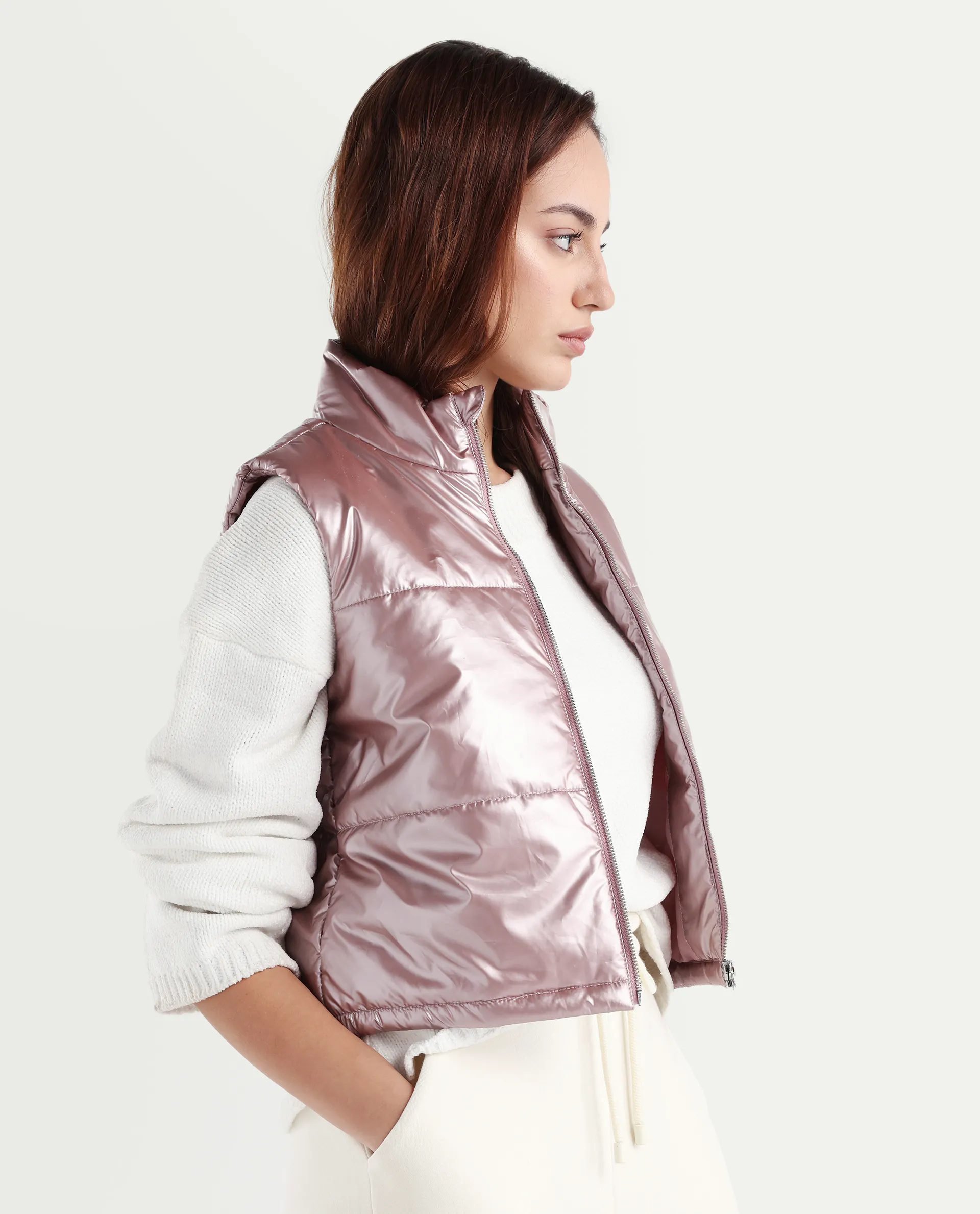 Rareism Women's Mindy Pink Polyester High Neck Plain Sleeveless Regular Fit Jacket - Image 4