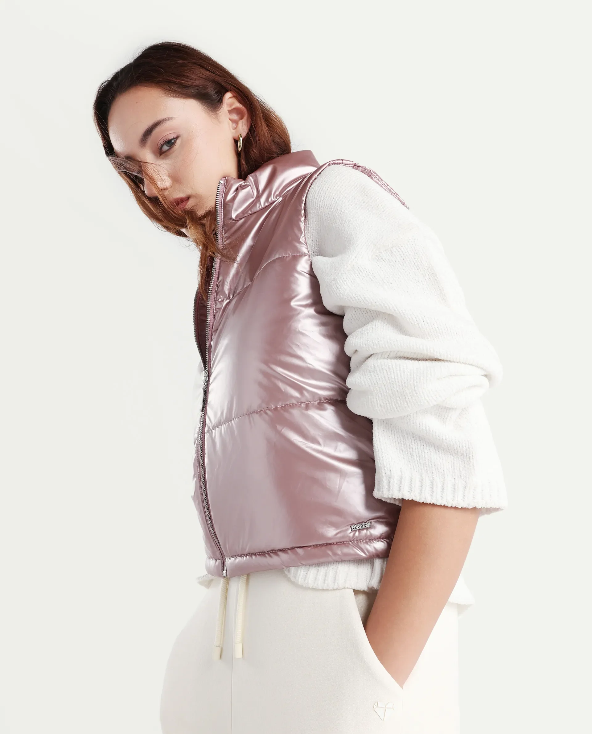 Rareism Women's Mindy Pink Polyester High Neck Plain Sleeveless Regular Fit Jacket - Image 5