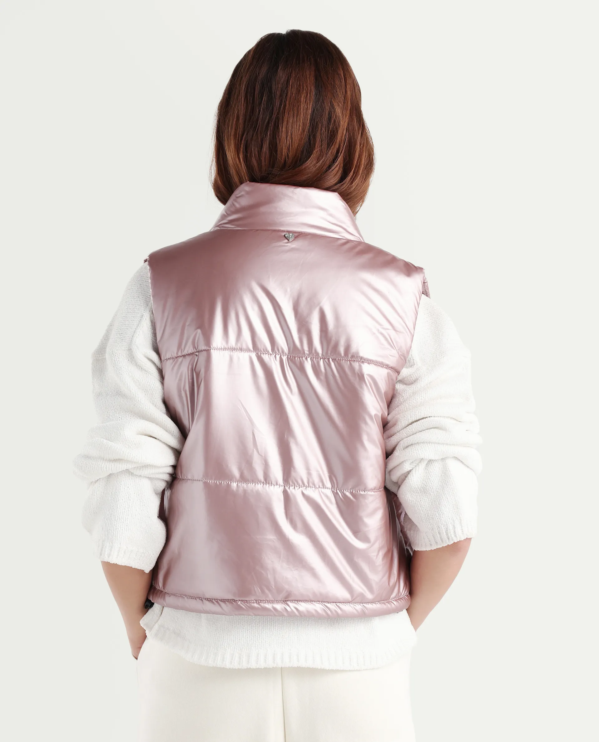 Rareism Women's Mindy Pink Polyester High Neck Plain Sleeveless Regular Fit Jacket - Image 6