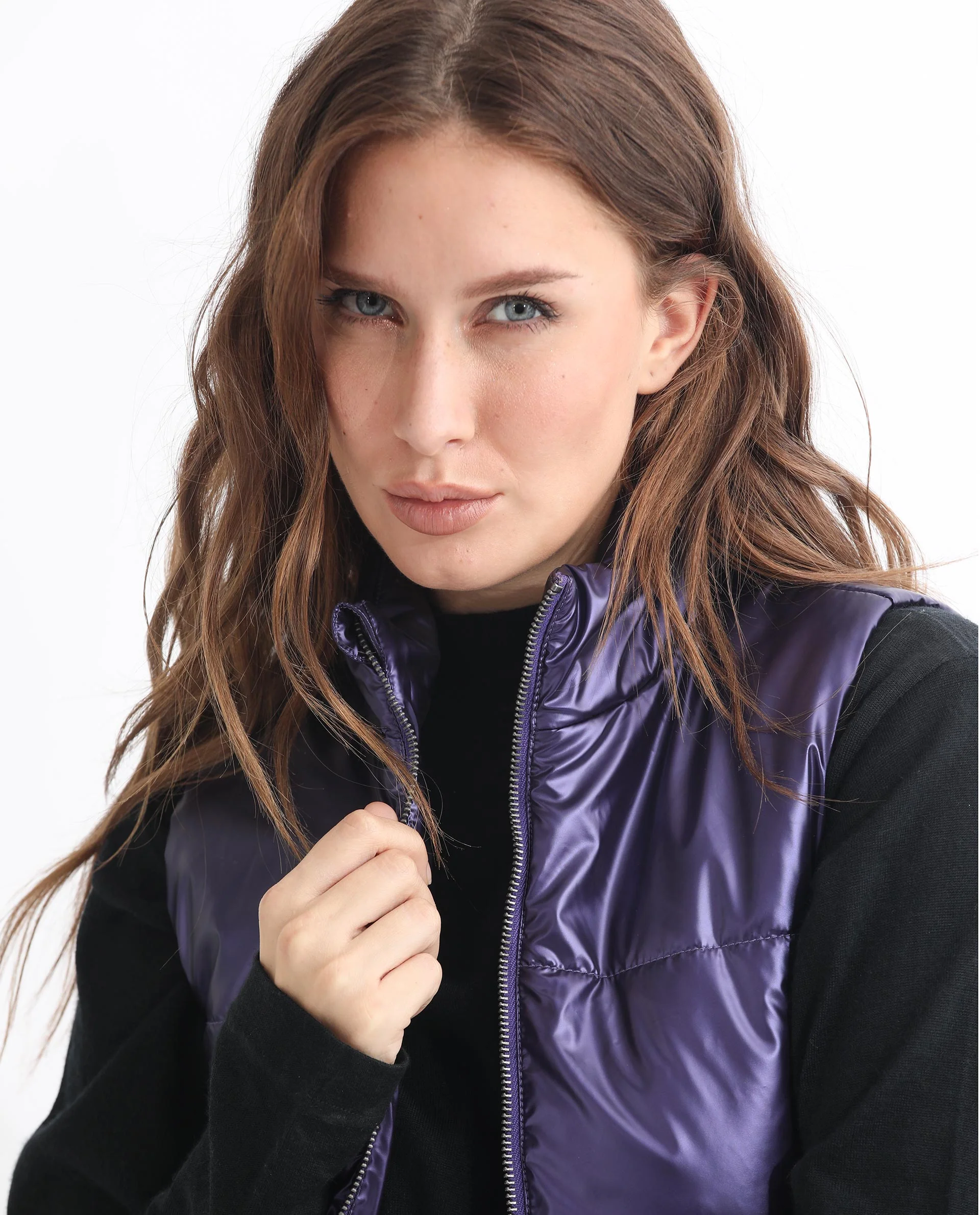 Rareism Women's Mindy Purple Polyester High Neck Plain Sleeveless Regular Fit Jacket - Image 2