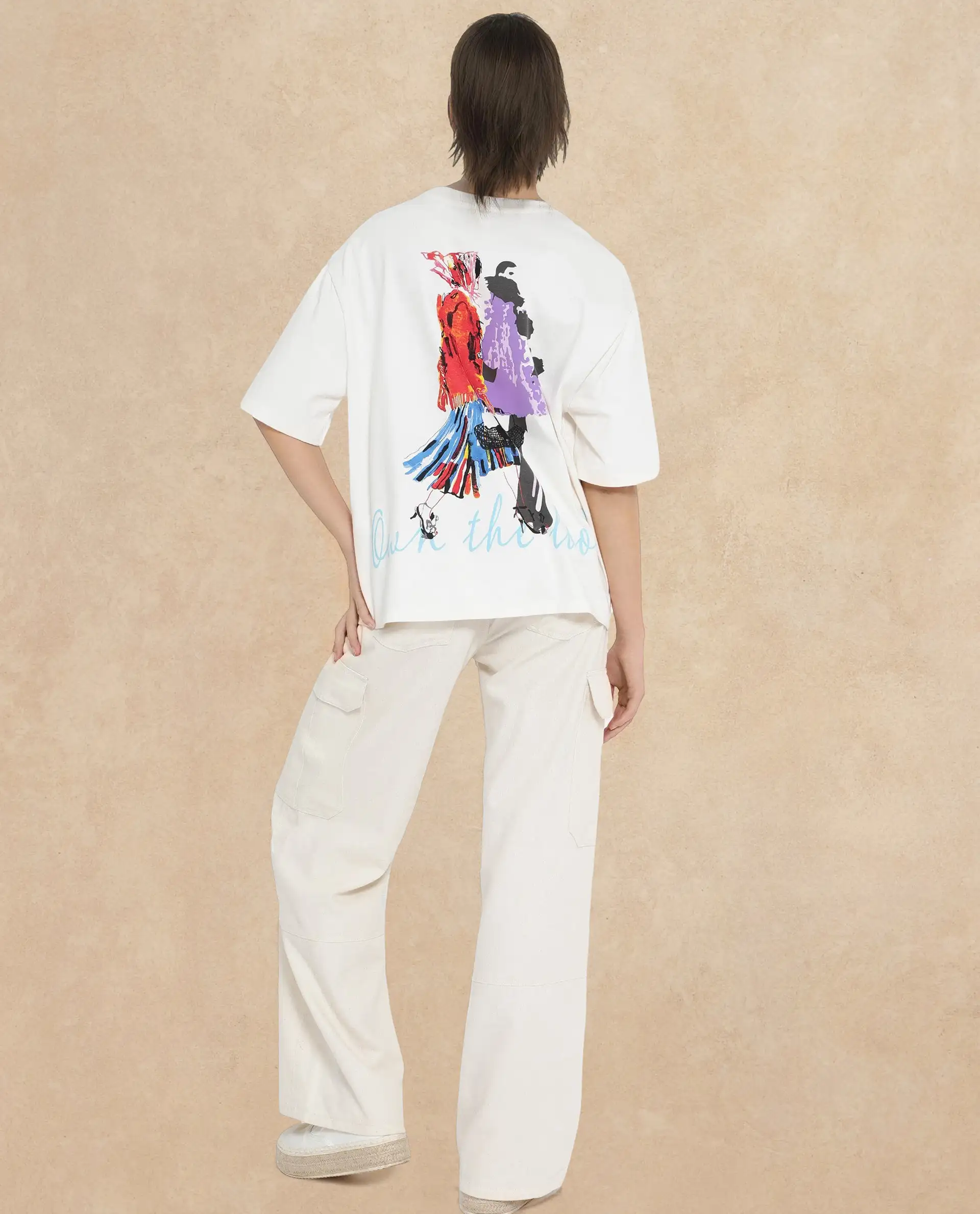 Rareism Women's Mindy Off White Cotton Blend Crew Neck Graphic Print Relaxed Fit T-Shirt