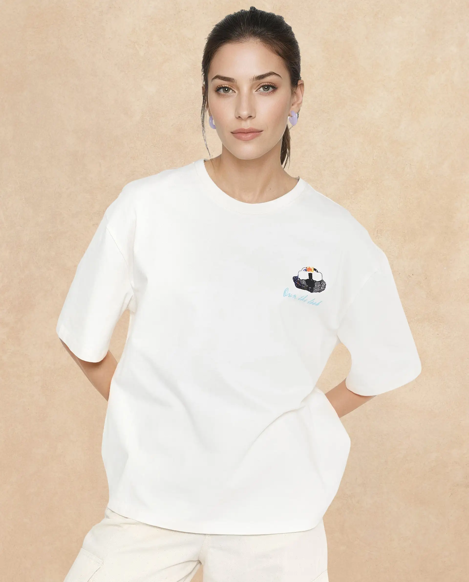 Rareism Women's Mindy Off White Cotton Blend Crew Neck Graphic Print Relaxed Fit T-Shirt - Image 2