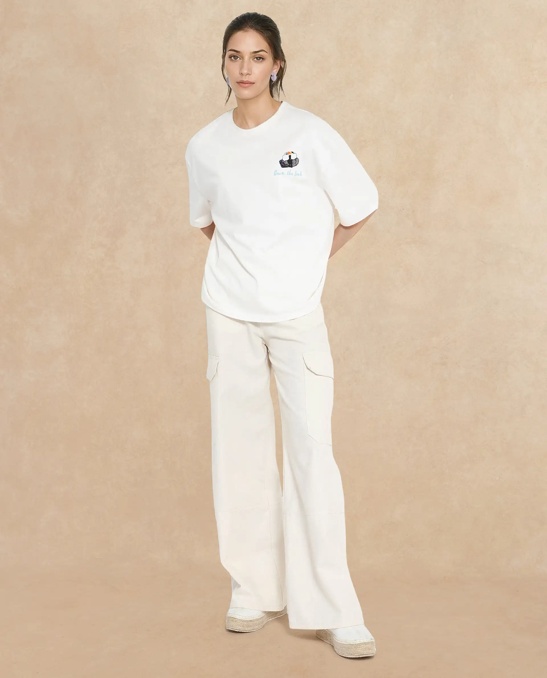 Rareism Women's Mindy Off White Cotton Blend Crew Neck Graphic Print Relaxed Fit T-Shirt - Image 6