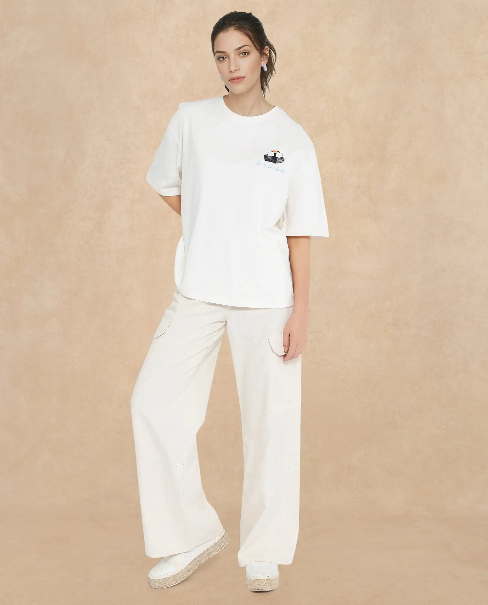 Rareism Women's Mindy Off White Cotton Blend Crew Neck Graphic Print Relaxed Fit T-Shirt - Image 7
