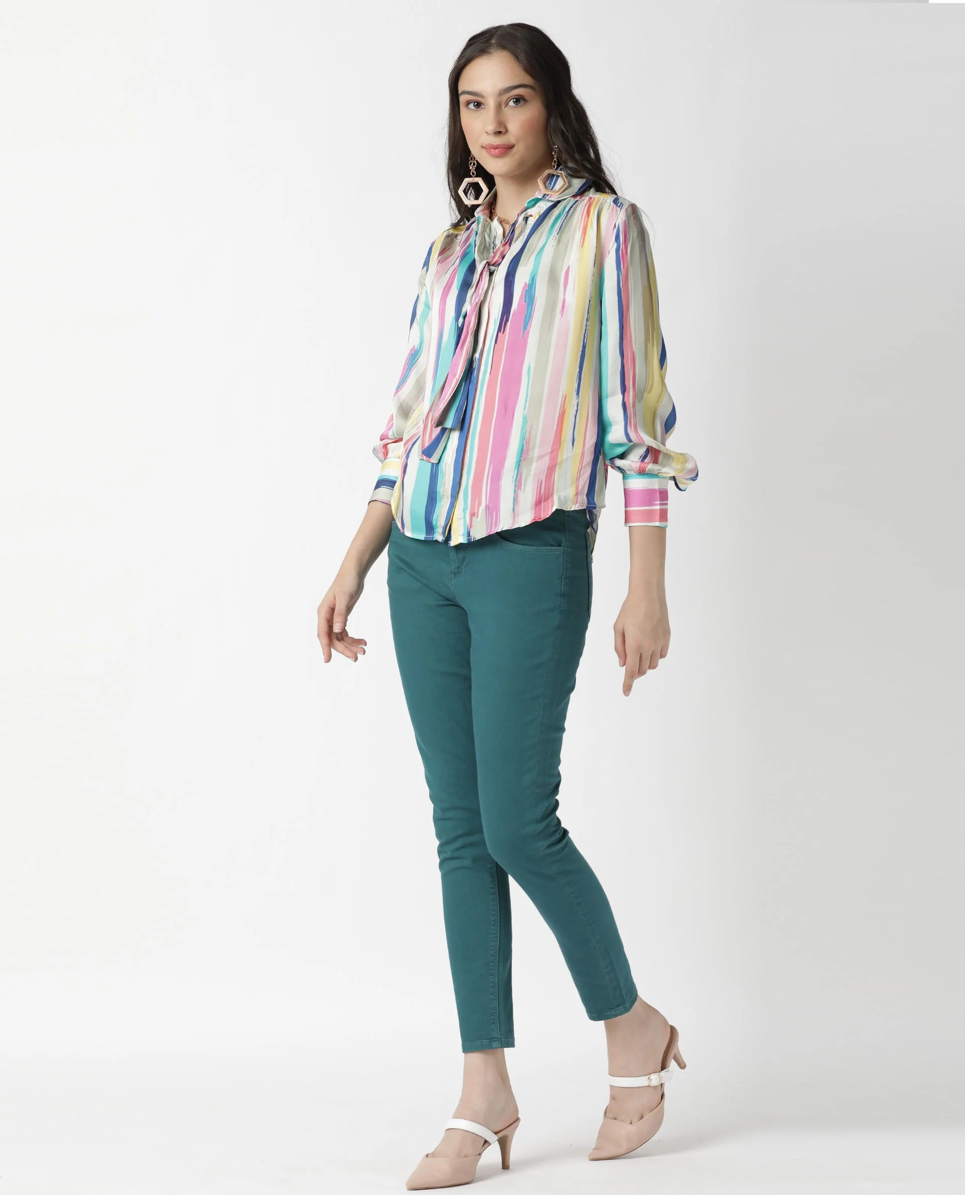Rareism Womens Mingo Multi Top Modal Satin Fabric Regular Fit Volume Sleeve Tie Up - Image 10