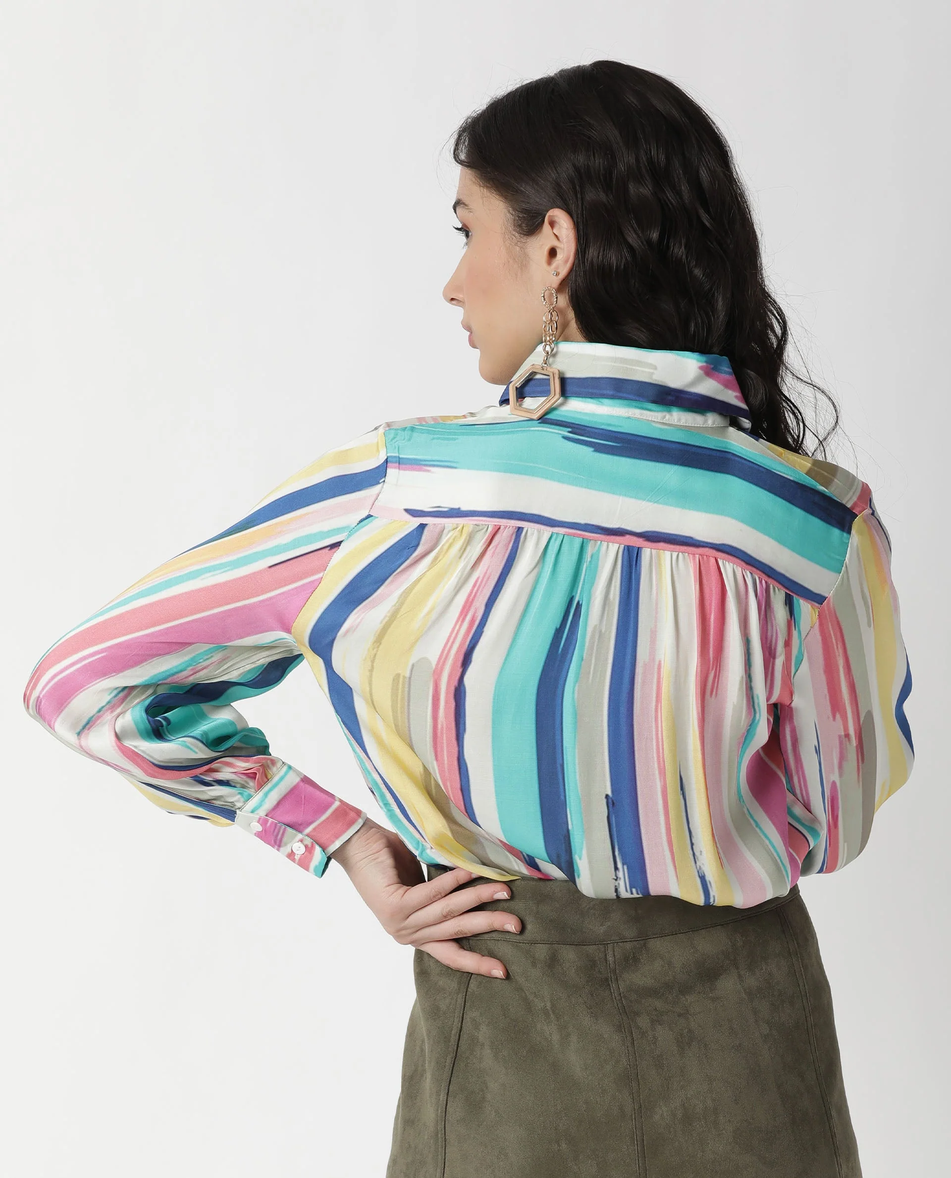 Rareism Womens Mingo Multi Top Modal Satin Fabric Regular Fit Volume Sleeve Tie Up - Image 2