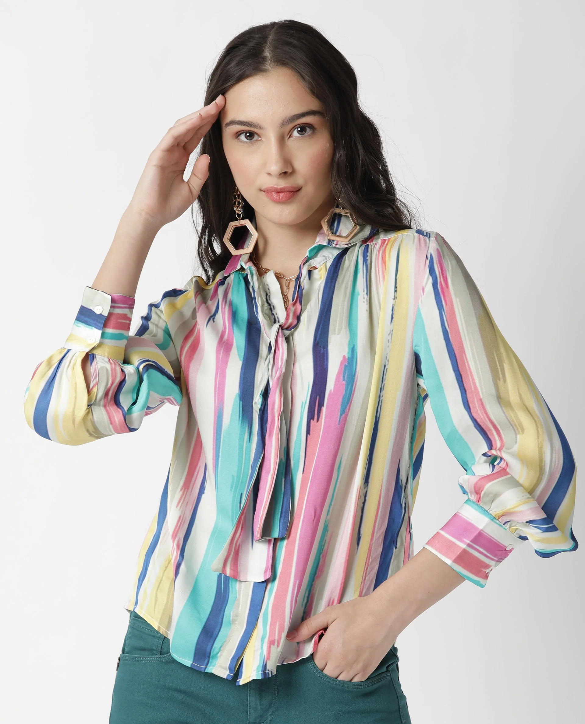 Rareism Womens Mingo Multi Top Modal Satin Fabric Regular Fit Volume Sleeve Tie Up - Image 3