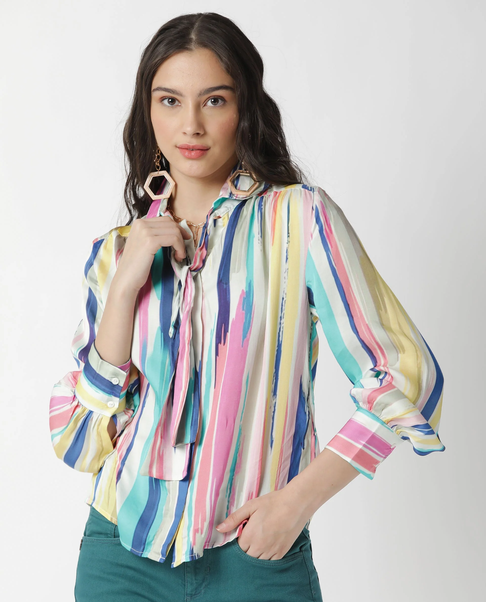 Rareism Womens Mingo Multi Top Modal Satin Fabric Regular Fit Volume Sleeve Tie Up - Image 4