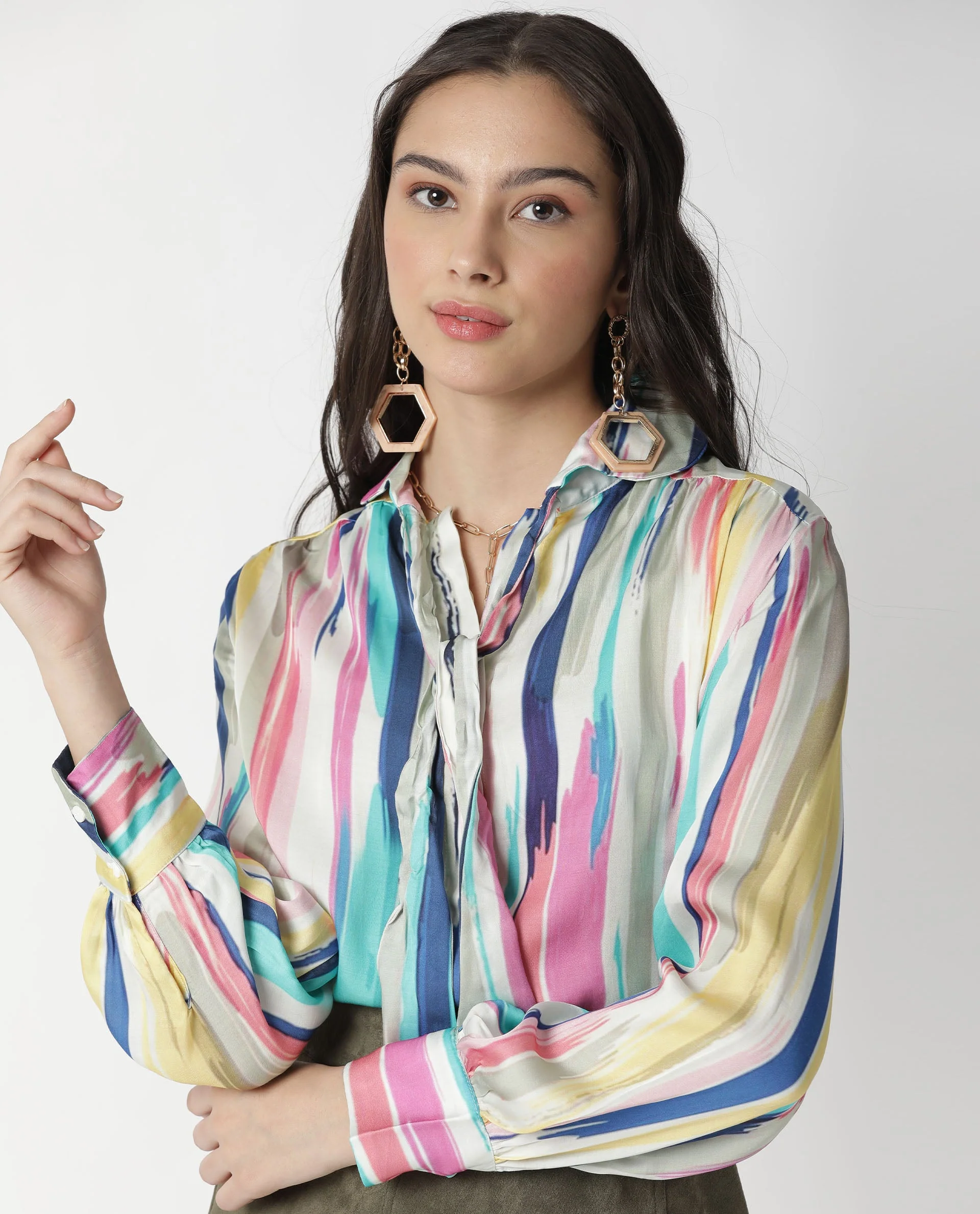 Rareism Womens Mingo Multi Top Modal Satin Fabric Regular Fit Volume Sleeve Tie Up - Image 6