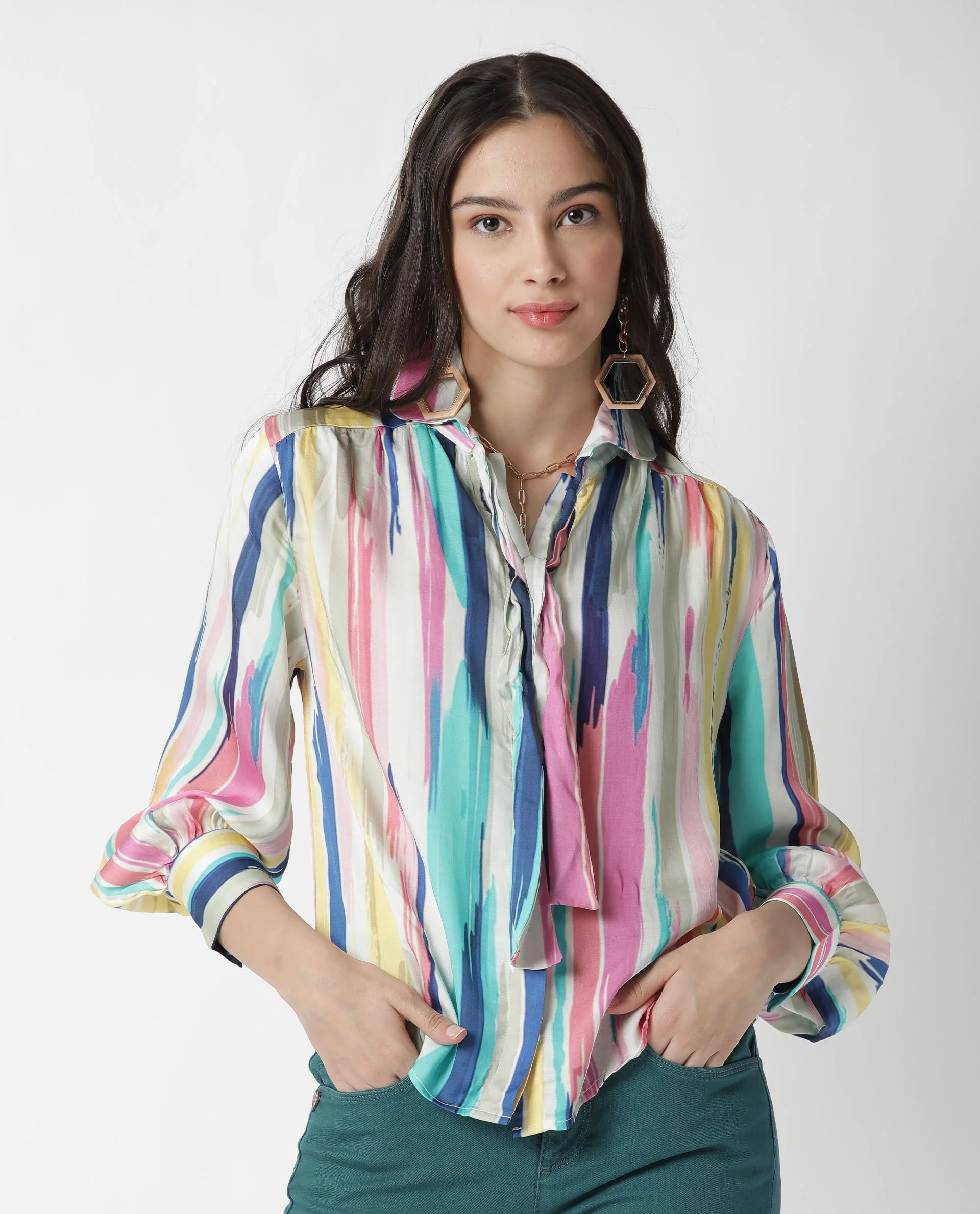 Rareism Womens Mingo Multi Top Modal Satin Fabric Regular Fit Volume Sleeve Tie Up - Image 9
