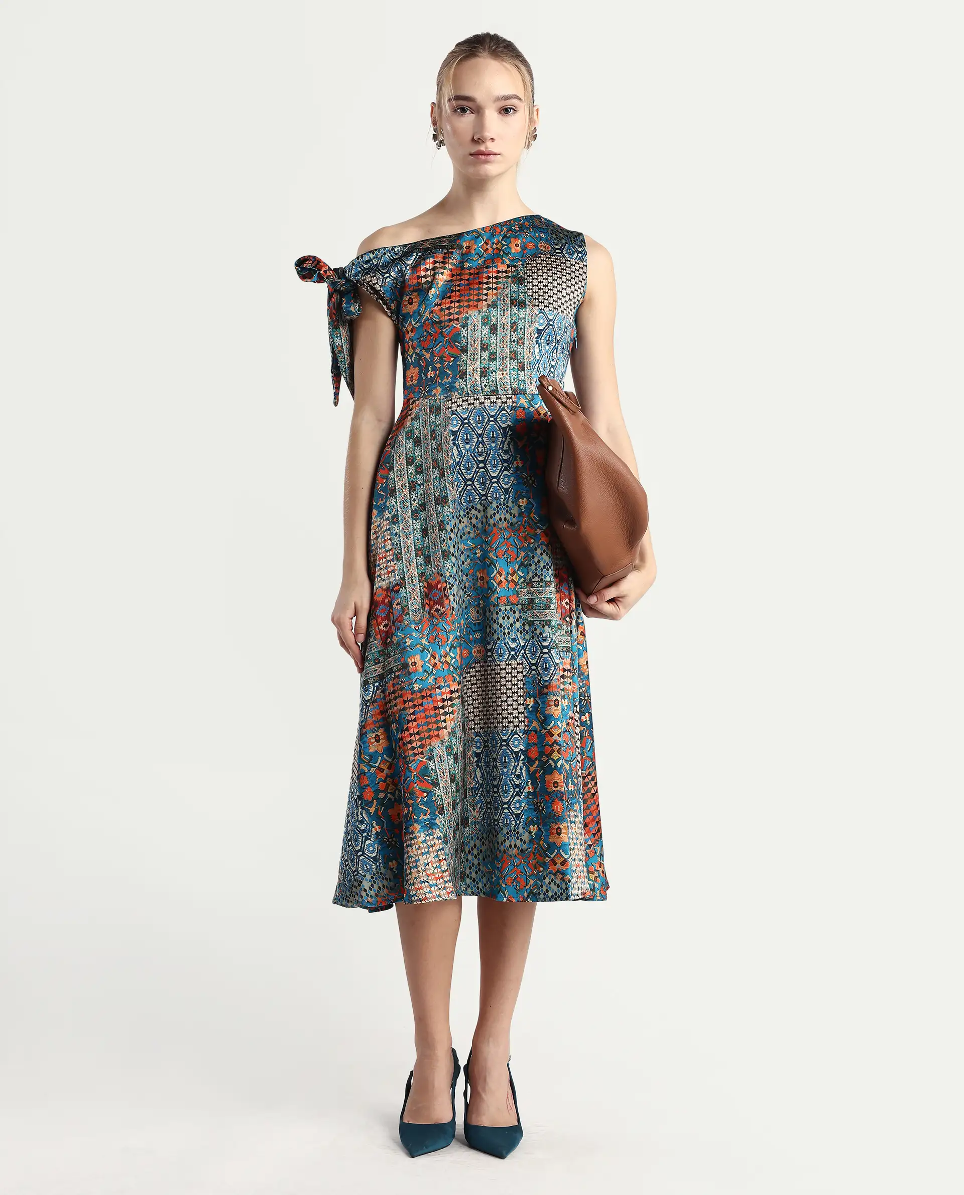 Rareism Women's Minican Multi Satin Asymmetric Neck Abstract Print Tie Up Sleeve Midi Asymmetric Dress - Image 2