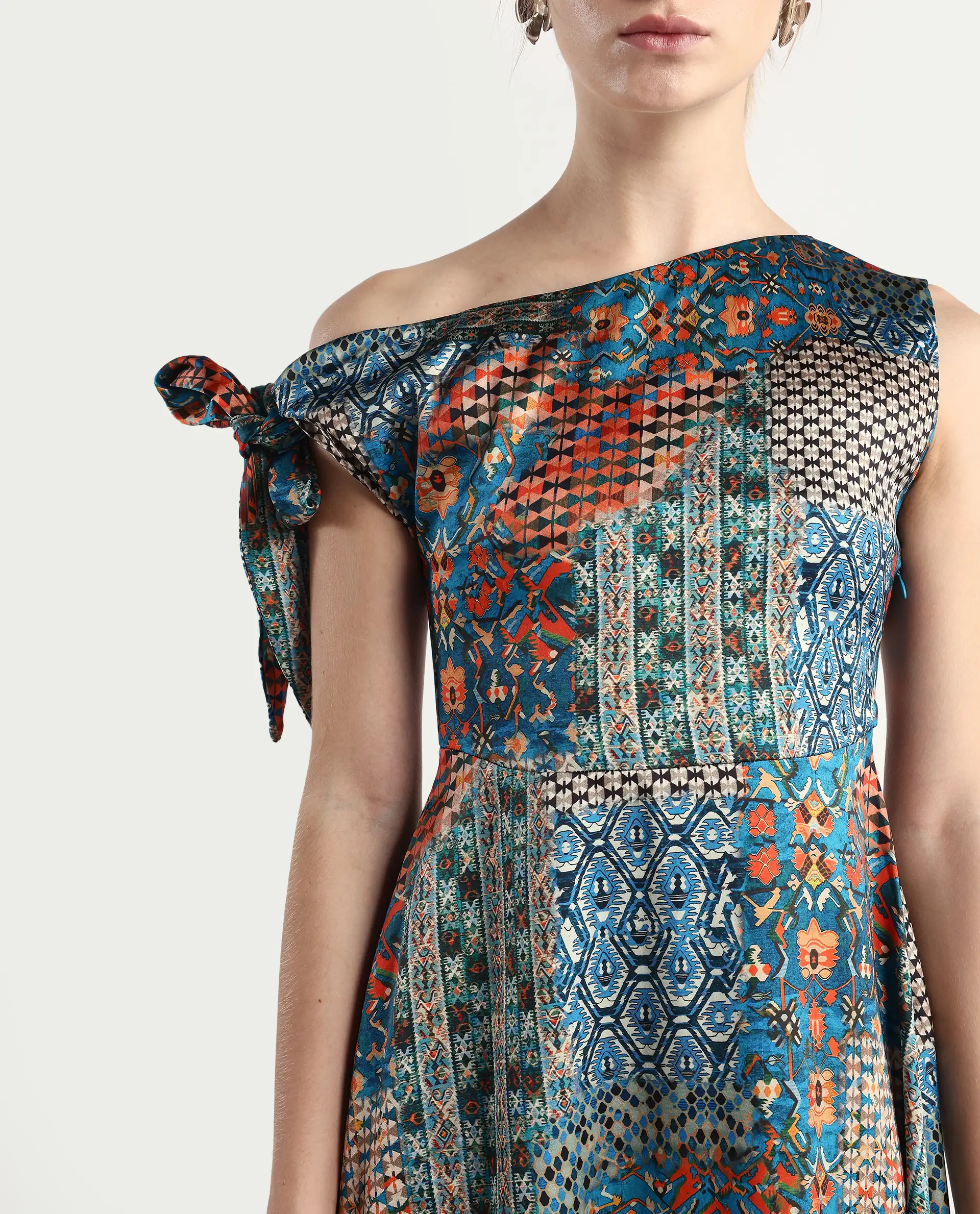 Rareism Women's Minican Multi Satin Asymmetric Neck Abstract Print Tie Up Sleeve Midi Asymmetric Dress - Image 3