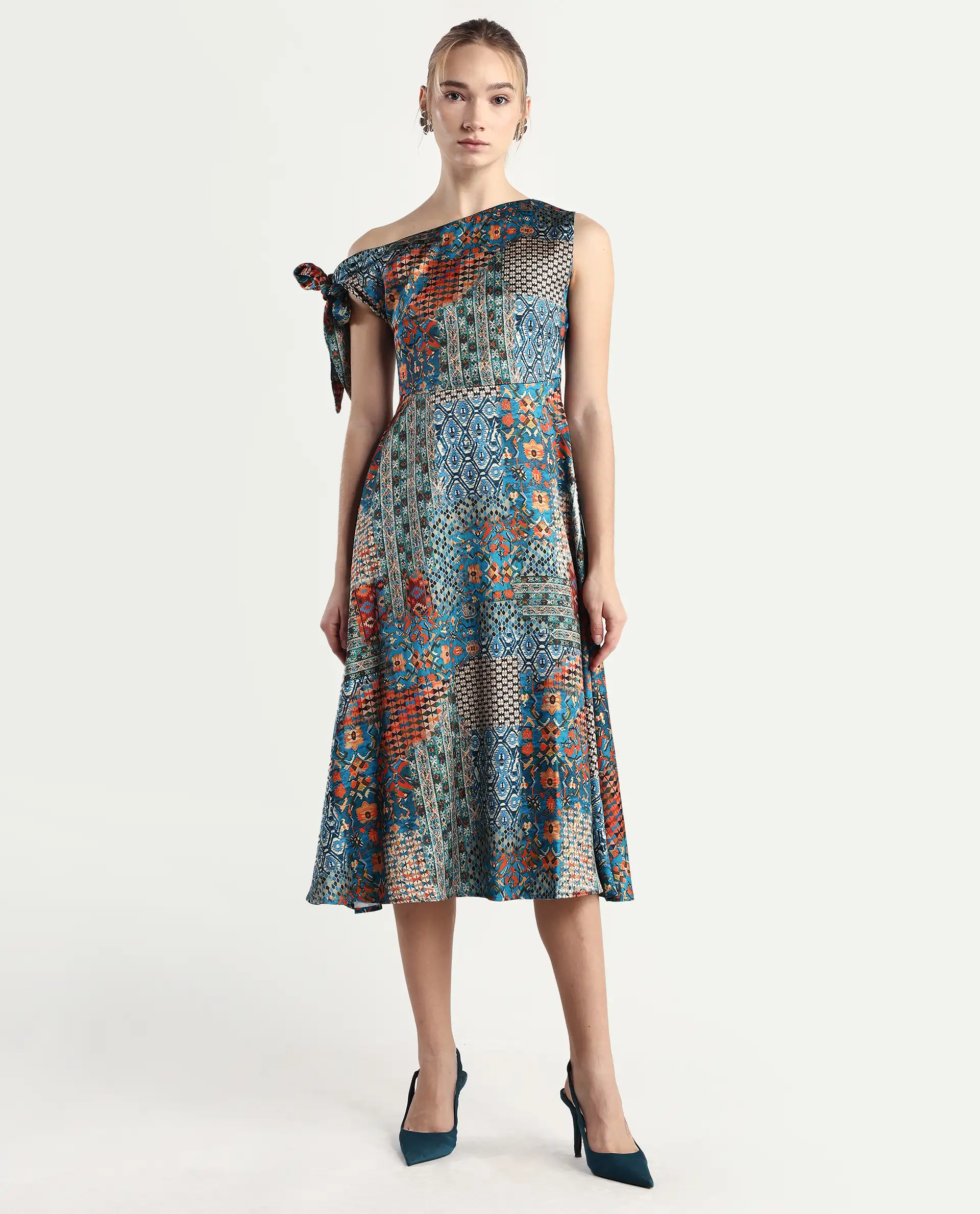 Rareism Women's Minican Multi Satin Asymmetric Neck Abstract Print Tie Up Sleeve Midi Asymmetric Dress - Image 4