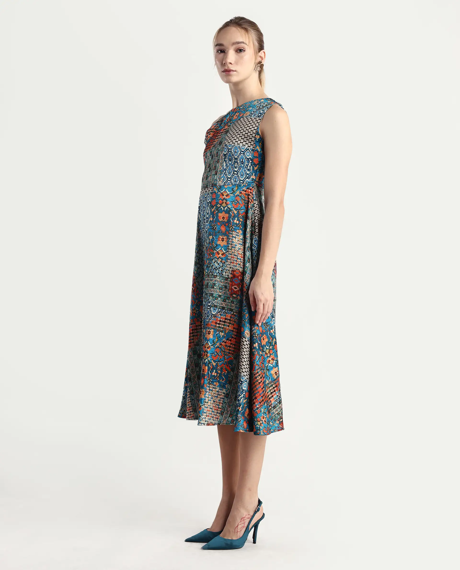 Rareism Women's Minican Multi Satin Asymmetric Neck Abstract Print Tie Up Sleeve Midi Asymmetric Dress - Image 5