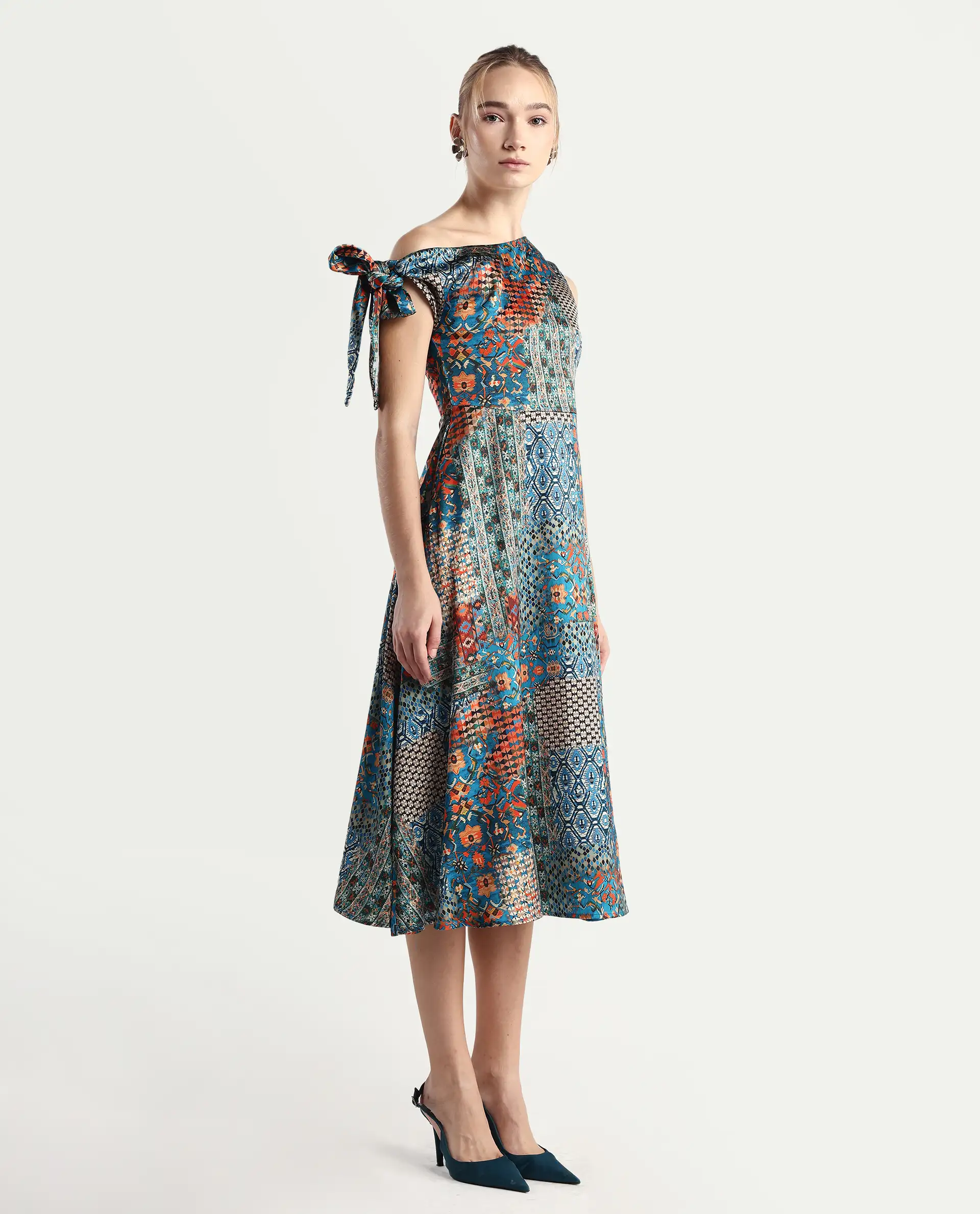 Rareism Women's Minican Multi Satin Asymmetric Neck Abstract Print Tie Up Sleeve Midi Asymmetric Dress - Image 6