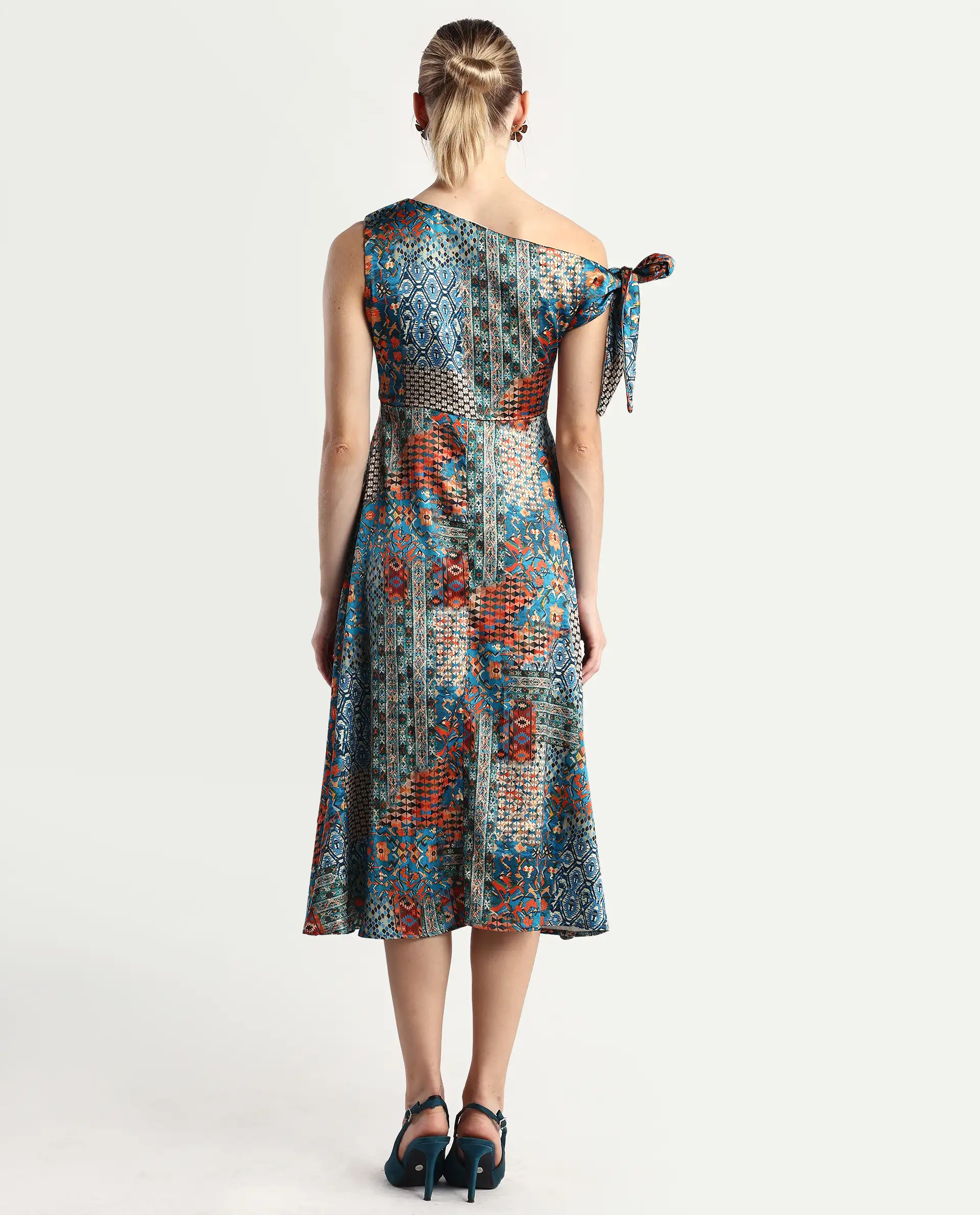 Rareism Women's Minican Multi Satin Asymmetric Neck Abstract Print Tie Up Sleeve Midi Asymmetric Dress - Image 7