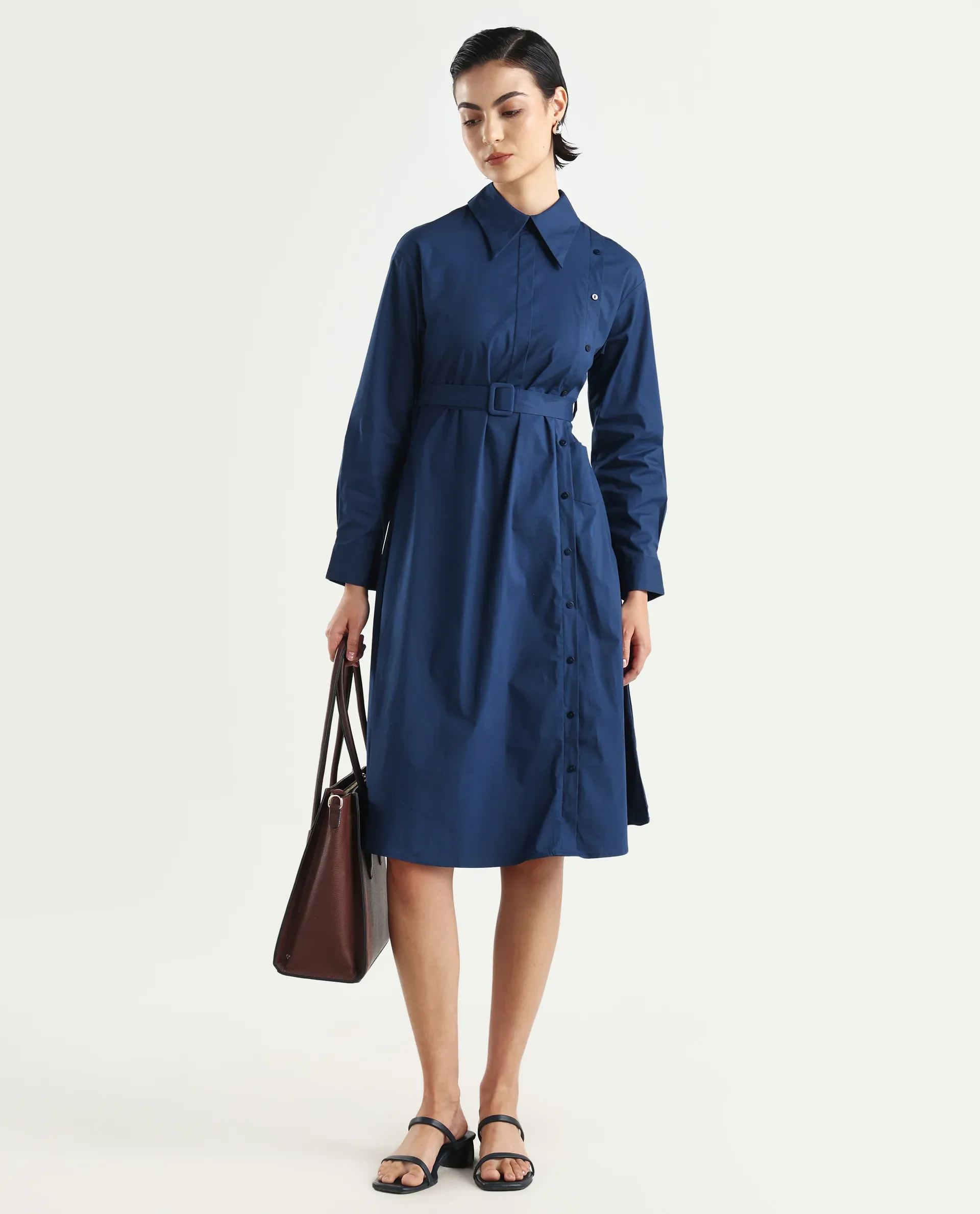 Rareism Women's Minifi Navy Cotton Blend Spread Collar Plain Cuffed Sleeve Knee Length Flared Dress - Image 2