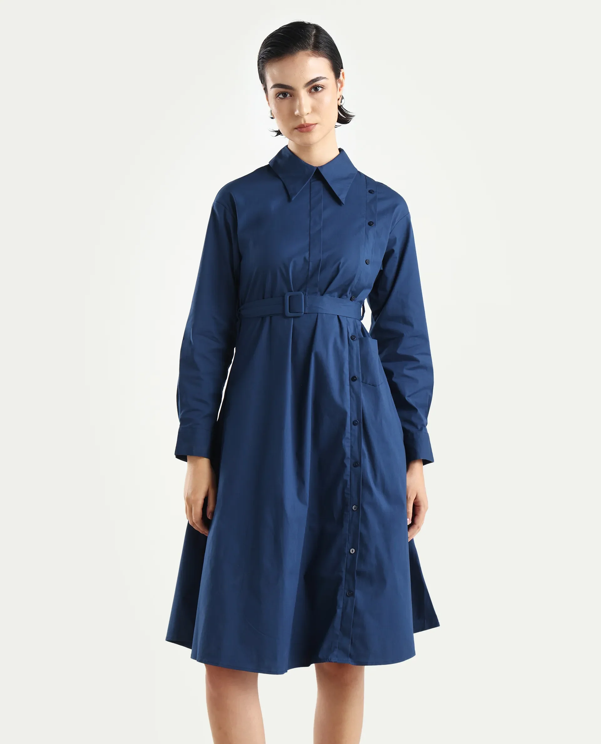 Rareism Women's Minifi Navy Cotton Blend Spread Collar Plain Cuffed Sleeve Knee Length Flared Dress - Image 3