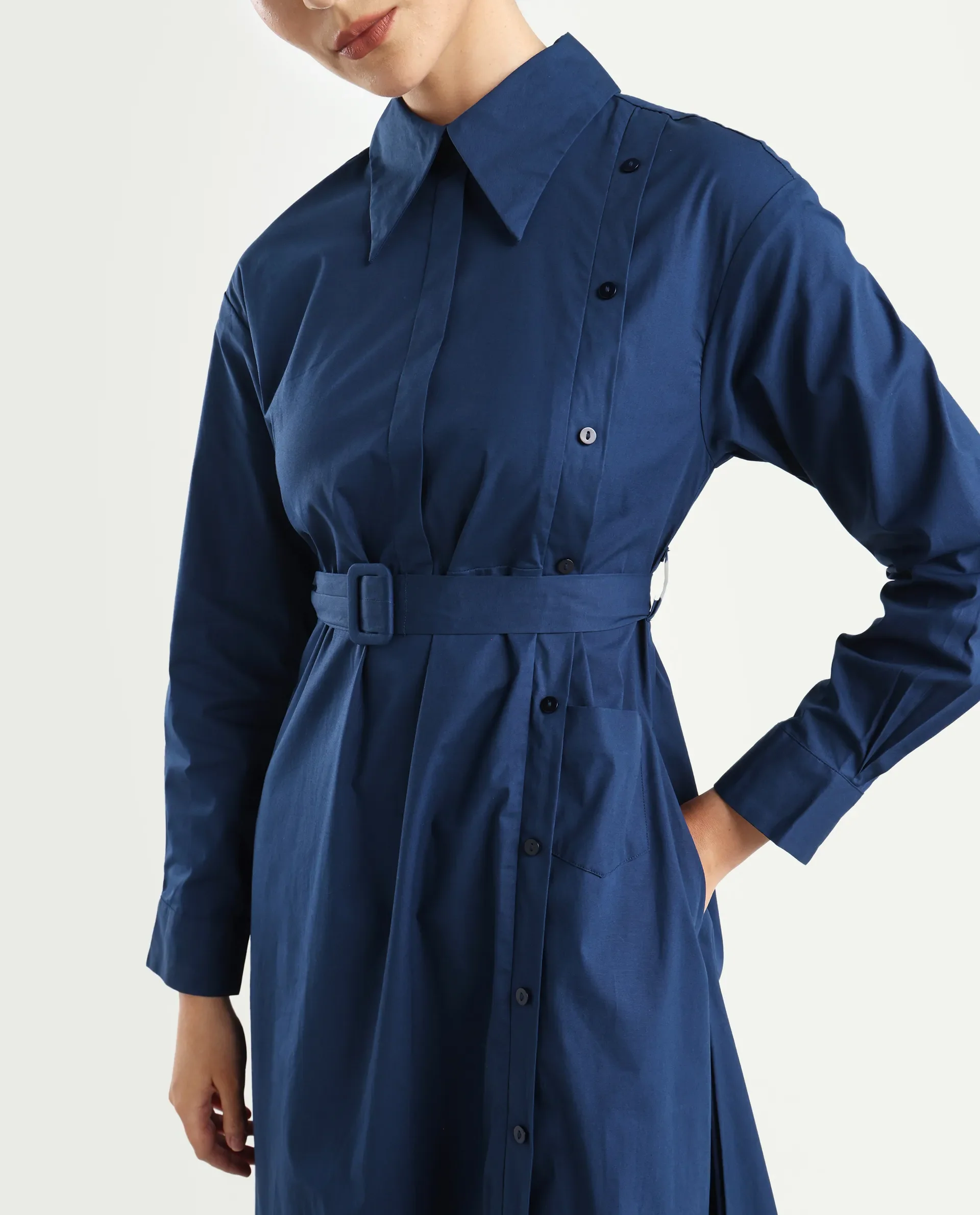 Rareism Women's Minifi Navy Cotton Blend Spread Collar Plain Cuffed Sleeve Knee Length Flared Dress - Image 4