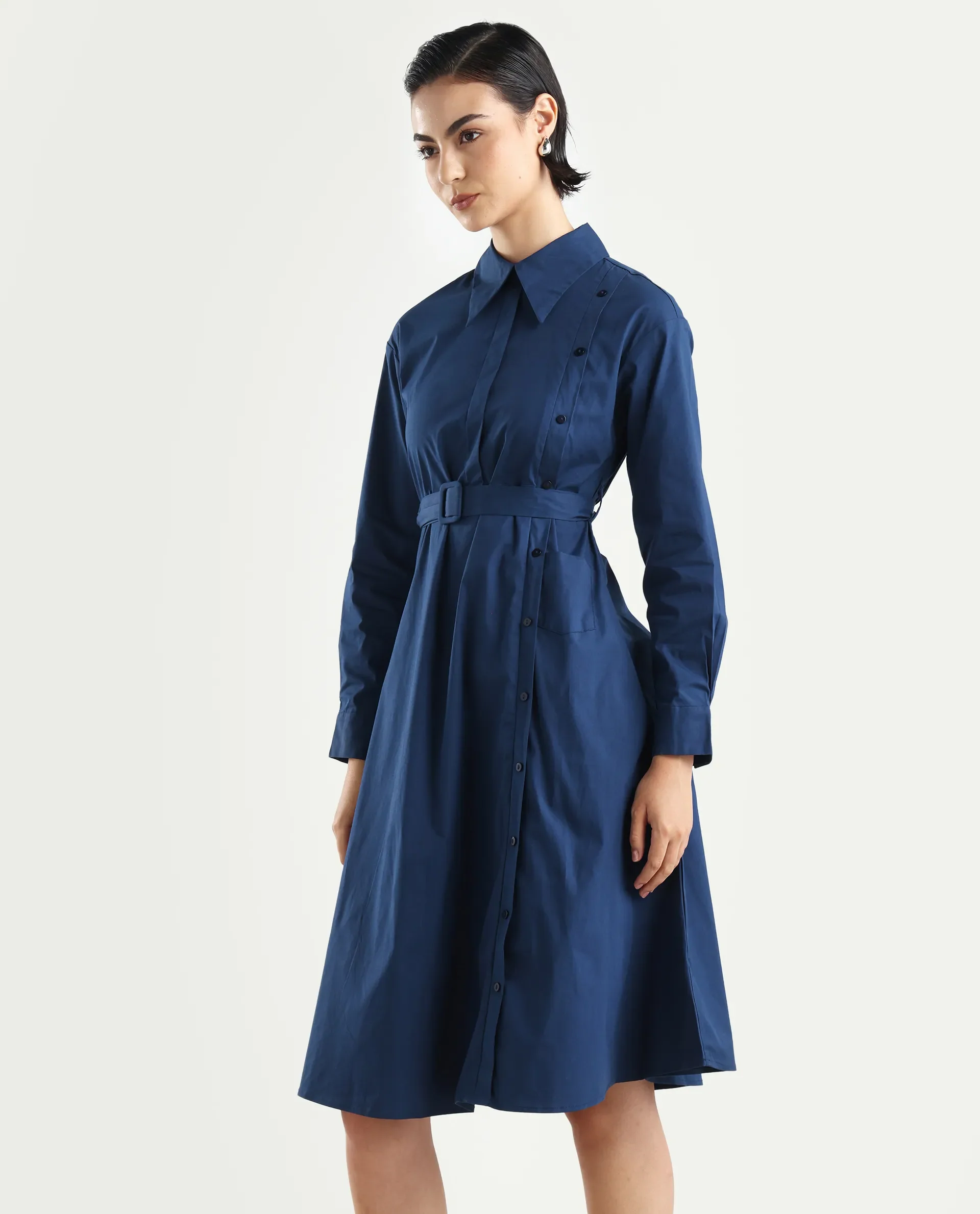 Rareism Women's Minifi Navy Cotton Blend Spread Collar Plain Cuffed Sleeve Knee Length Flared Dress - Image 5