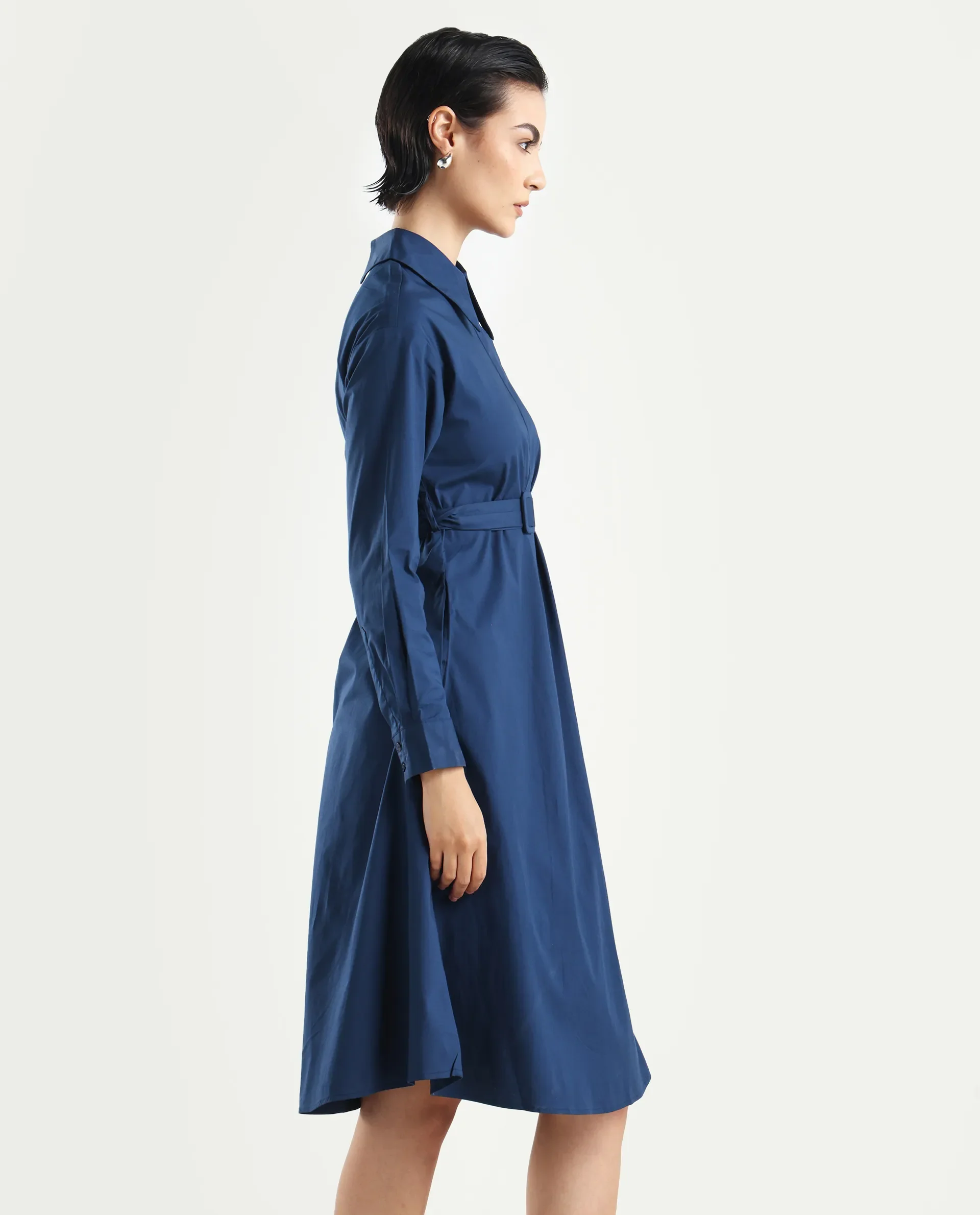 Rareism Women's Minifi Navy Cotton Blend Spread Collar Plain Cuffed Sleeve Knee Length Flared Dress - Image 6