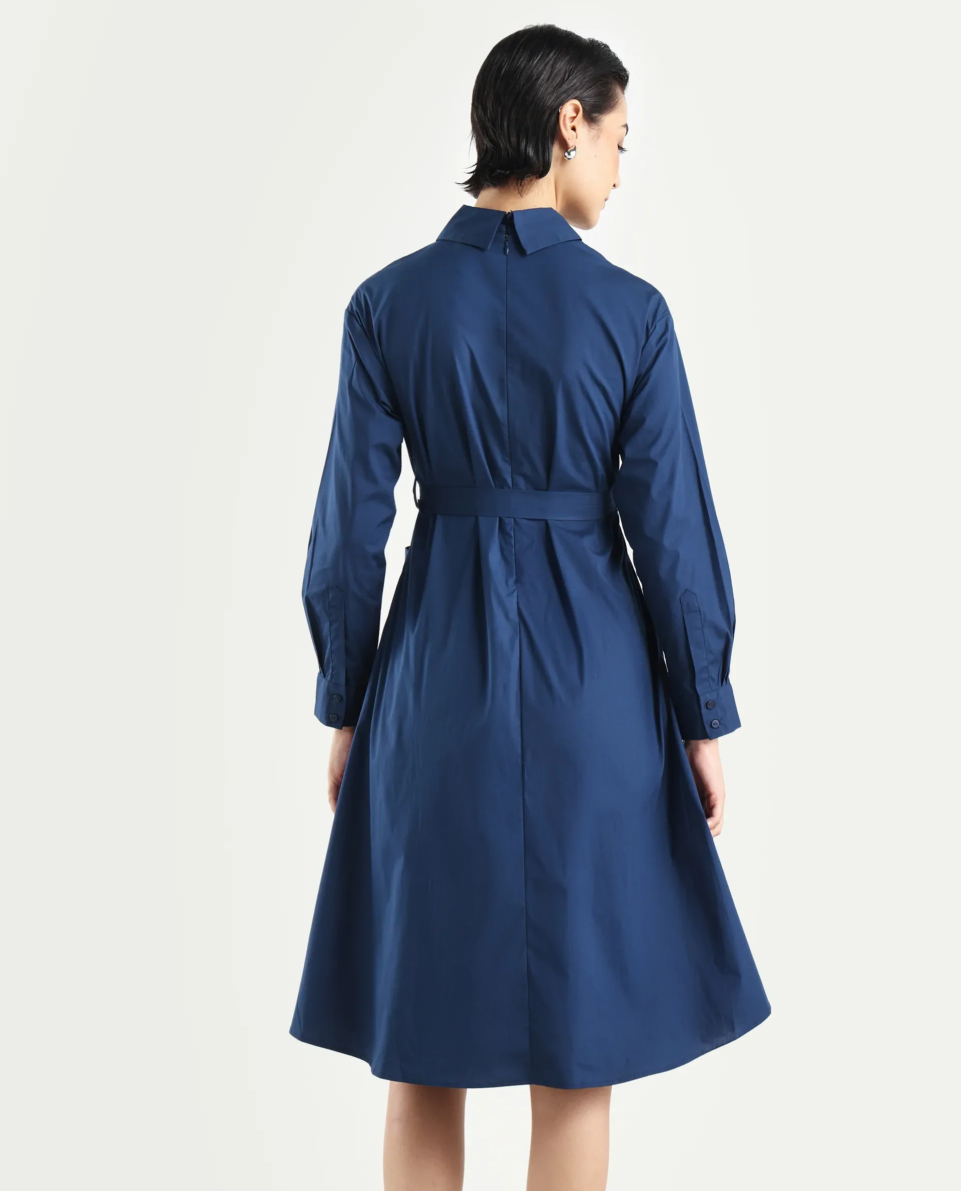 Rareism Women's Minifi Navy Cotton Blend Spread Collar Plain Cuffed Sleeve Knee Length Flared Dress - Image 7