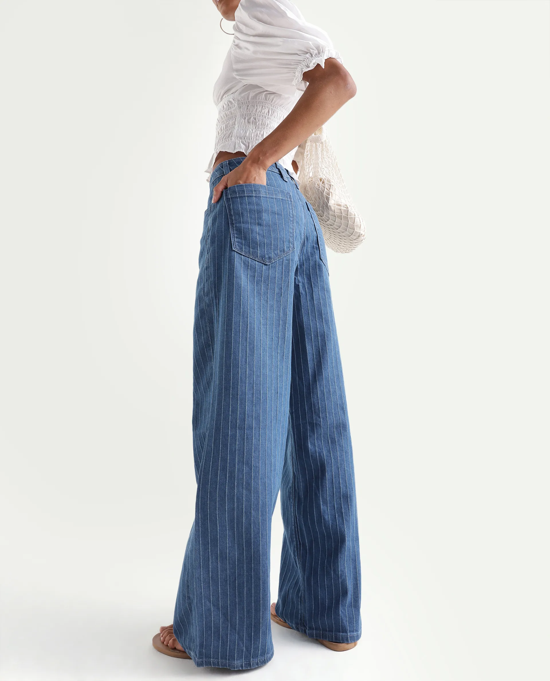 Rareism Women's Minik Blue Cotton Blend Striped Ankle Length Wide Jeans - Image 2