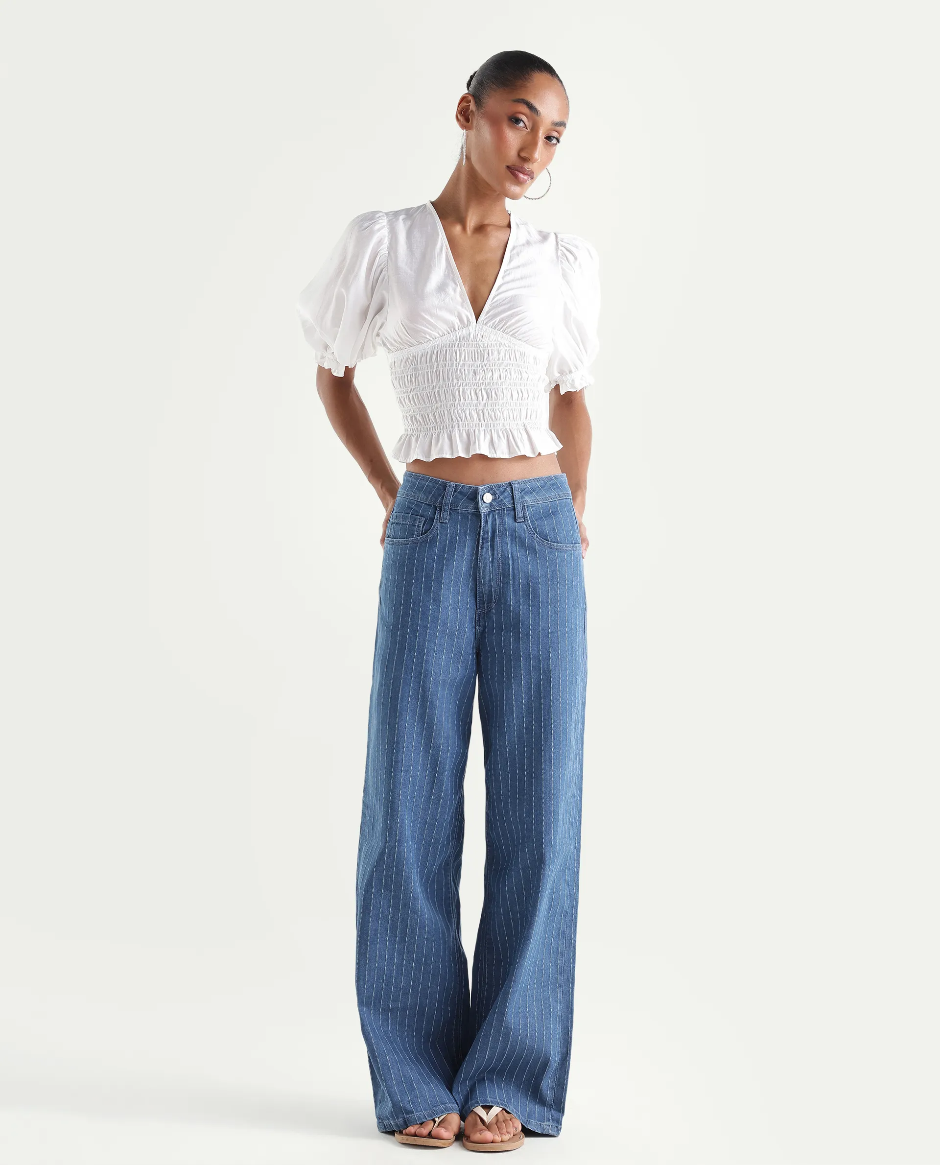 Rareism Women's Minik Blue Cotton Blend Striped Ankle Length Wide Jeans - Image 3