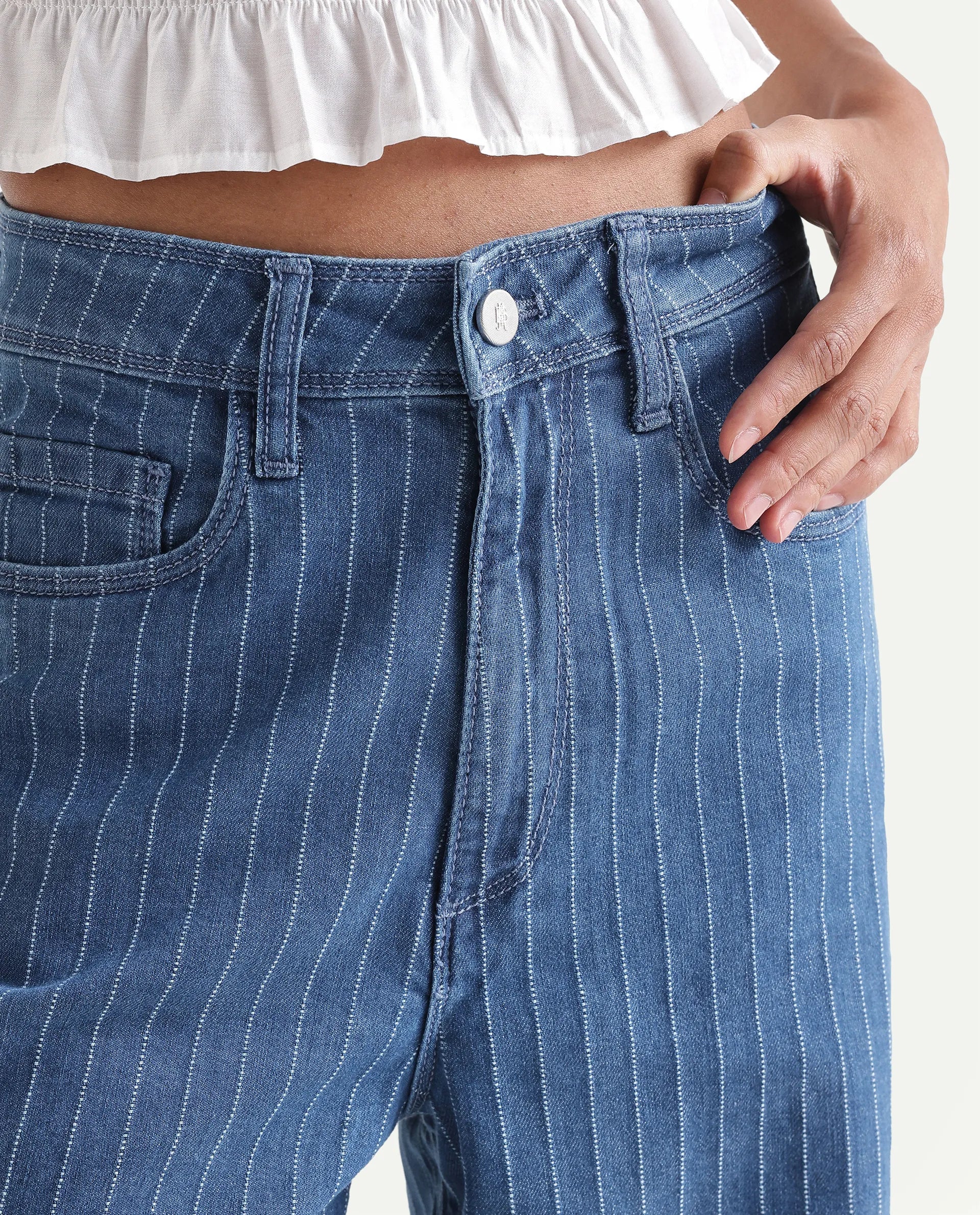 Rareism Women's Minik Blue Cotton Blend Striped Ankle Length Wide Jeans - Image 4