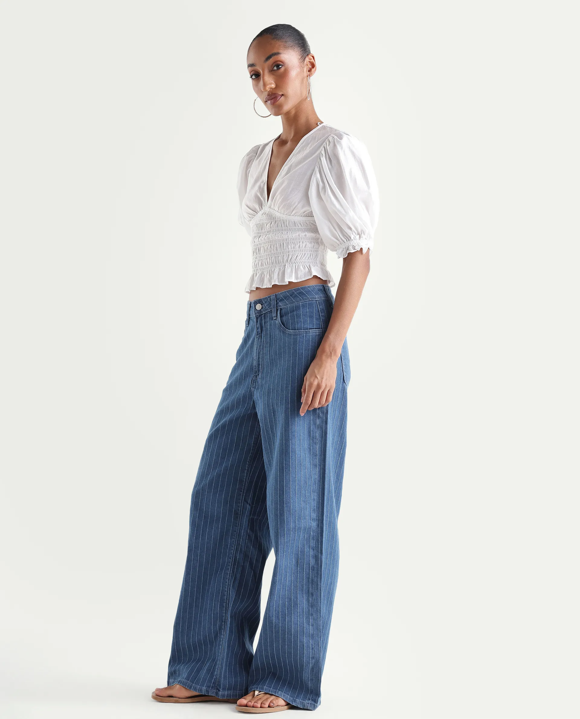 Rareism Women's Minik Blue Cotton Blend Striped Ankle Length Wide Jeans - Image 5