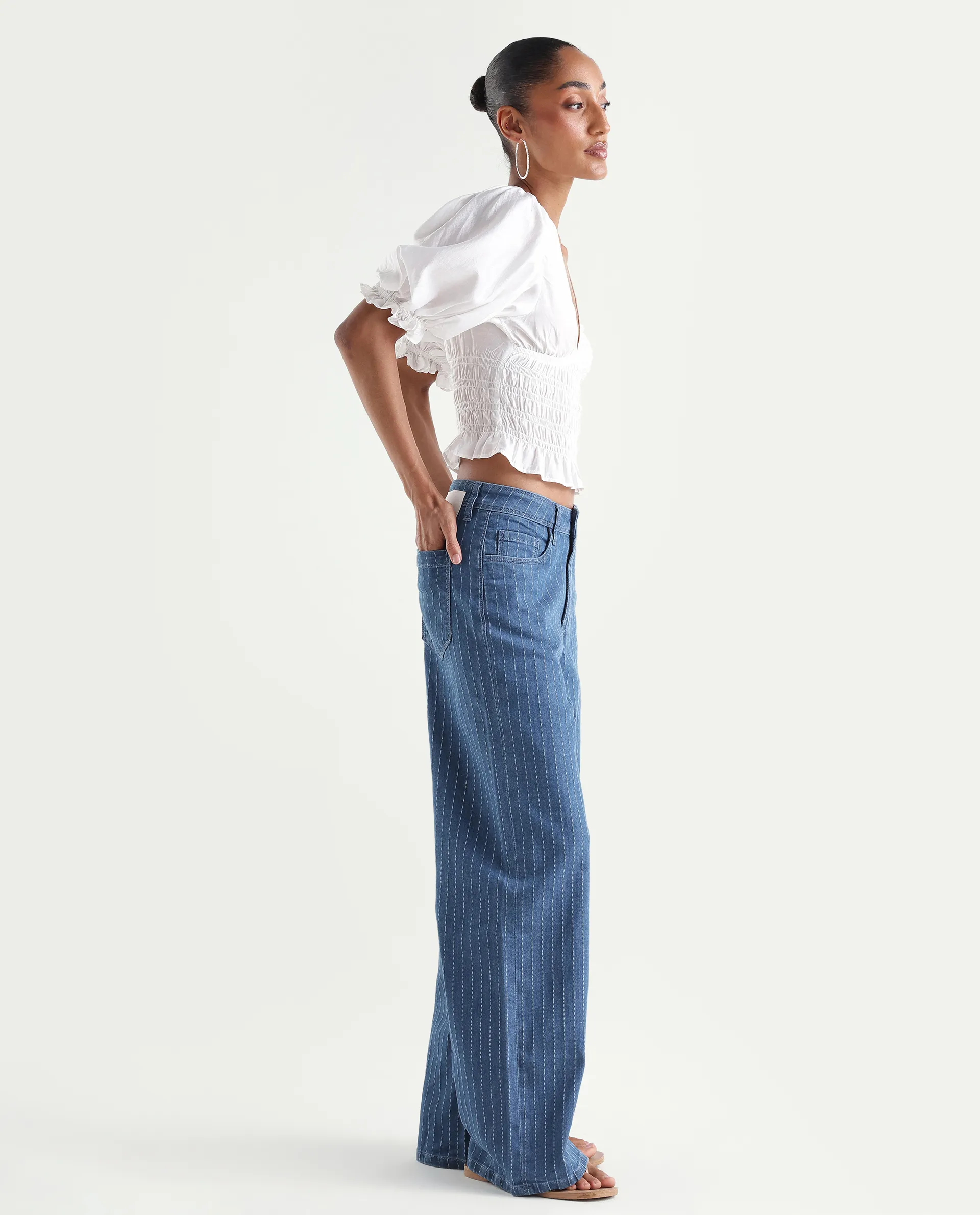 Rareism Women's Minik Blue Cotton Blend Striped Ankle Length Wide Jeans - Image 6