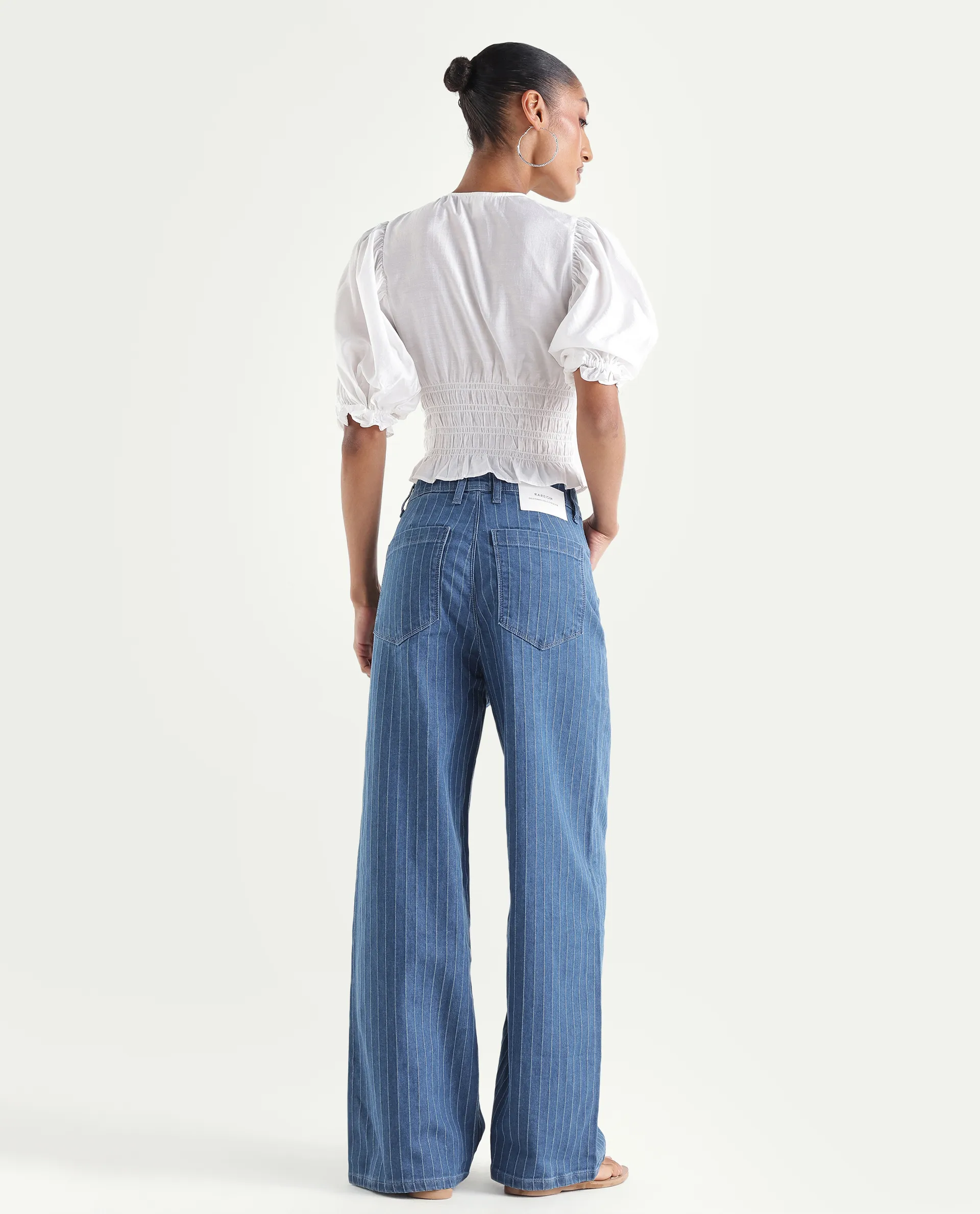 Rareism Women's Minik Blue Cotton Blend Striped Ankle Length Wide Jeans - Image 7