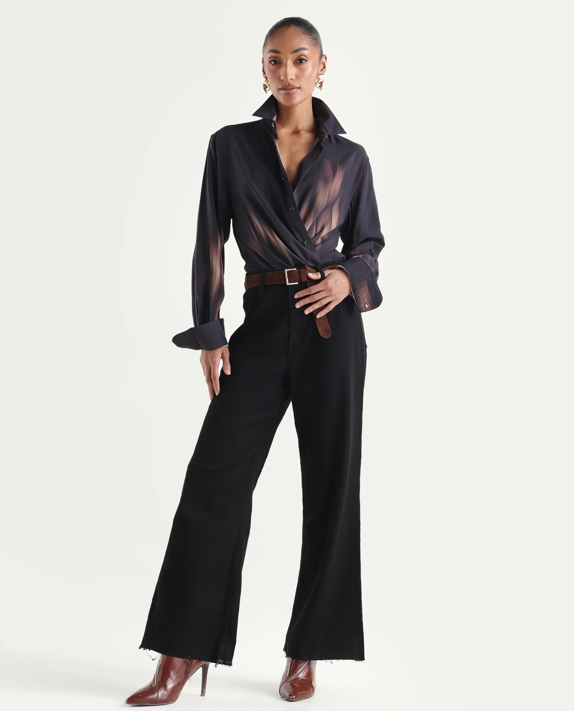 Rareism Women's Miniko Black Cotton Blend Plain Ankle Length Effortless Sculpt high wide Jeans - Image 3