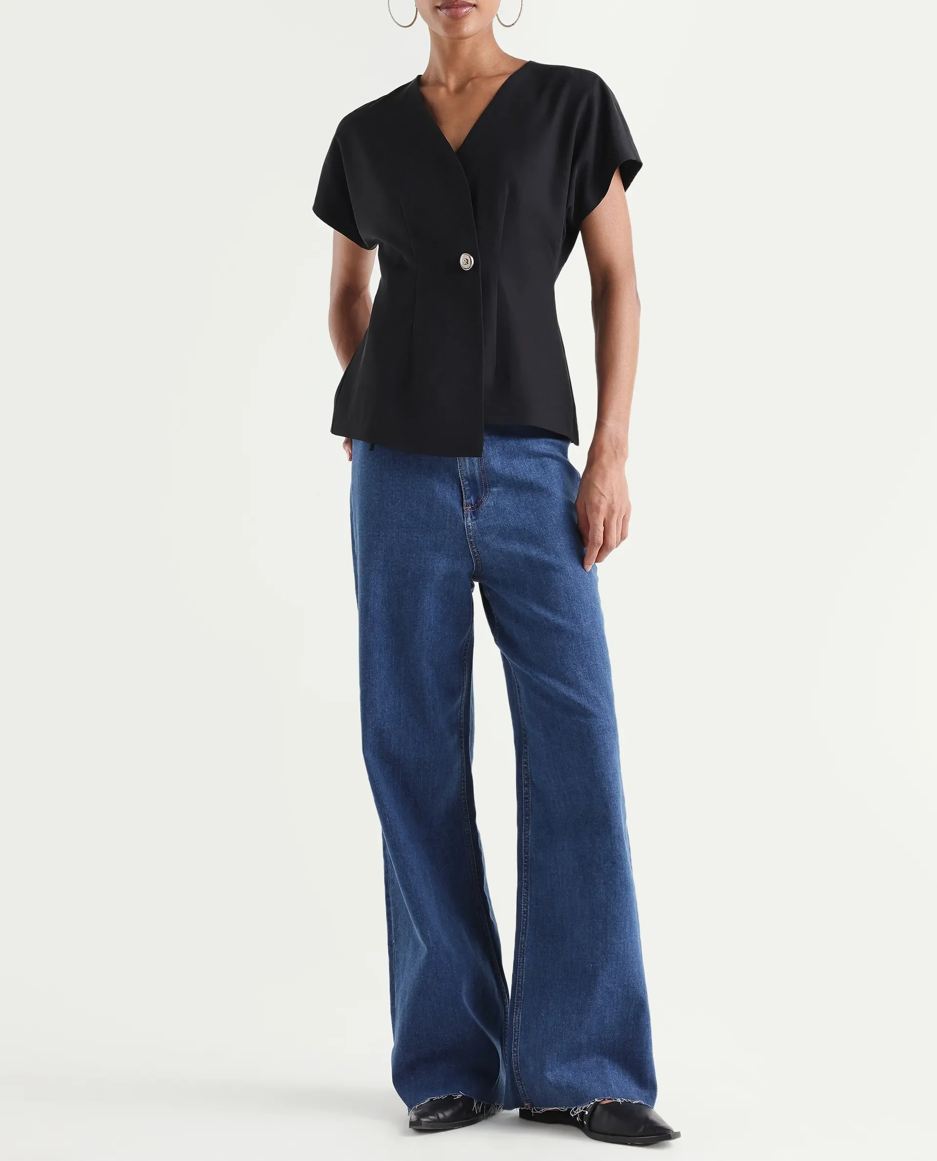 Rareism Women's Miniko Dark Blue Cotton Blend Plain Ankle Length Effortless Sculpt high wide Jeans - Image 2