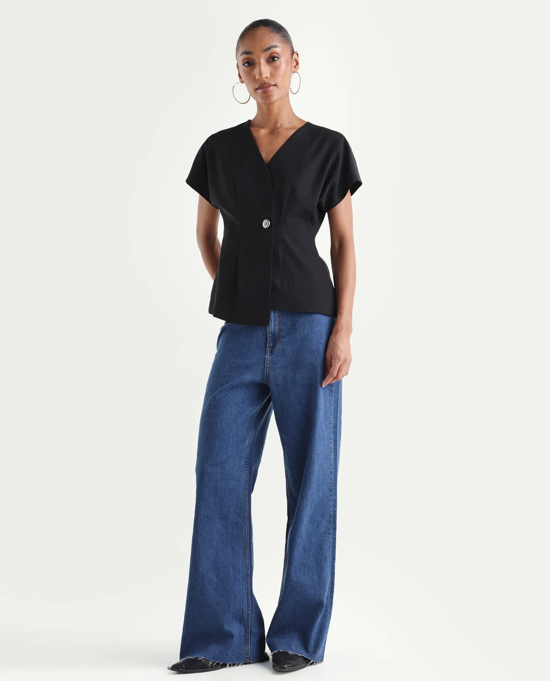 Rareism Women's Miniko Dark Blue Cotton Blend Plain Ankle Length Effortless Sculpt high wide Jeans - Image 4