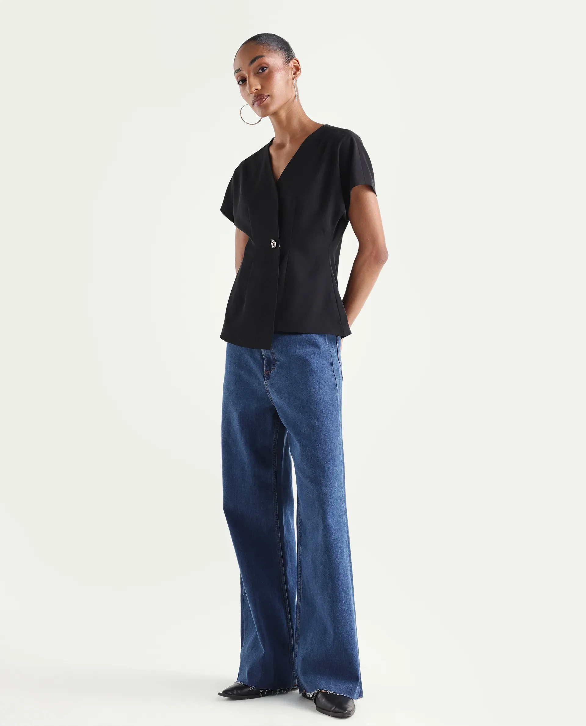 Rareism Women's Miniko Dark Blue Cotton Blend Plain Ankle Length Effortless Sculpt high wide Jeans - Image 5