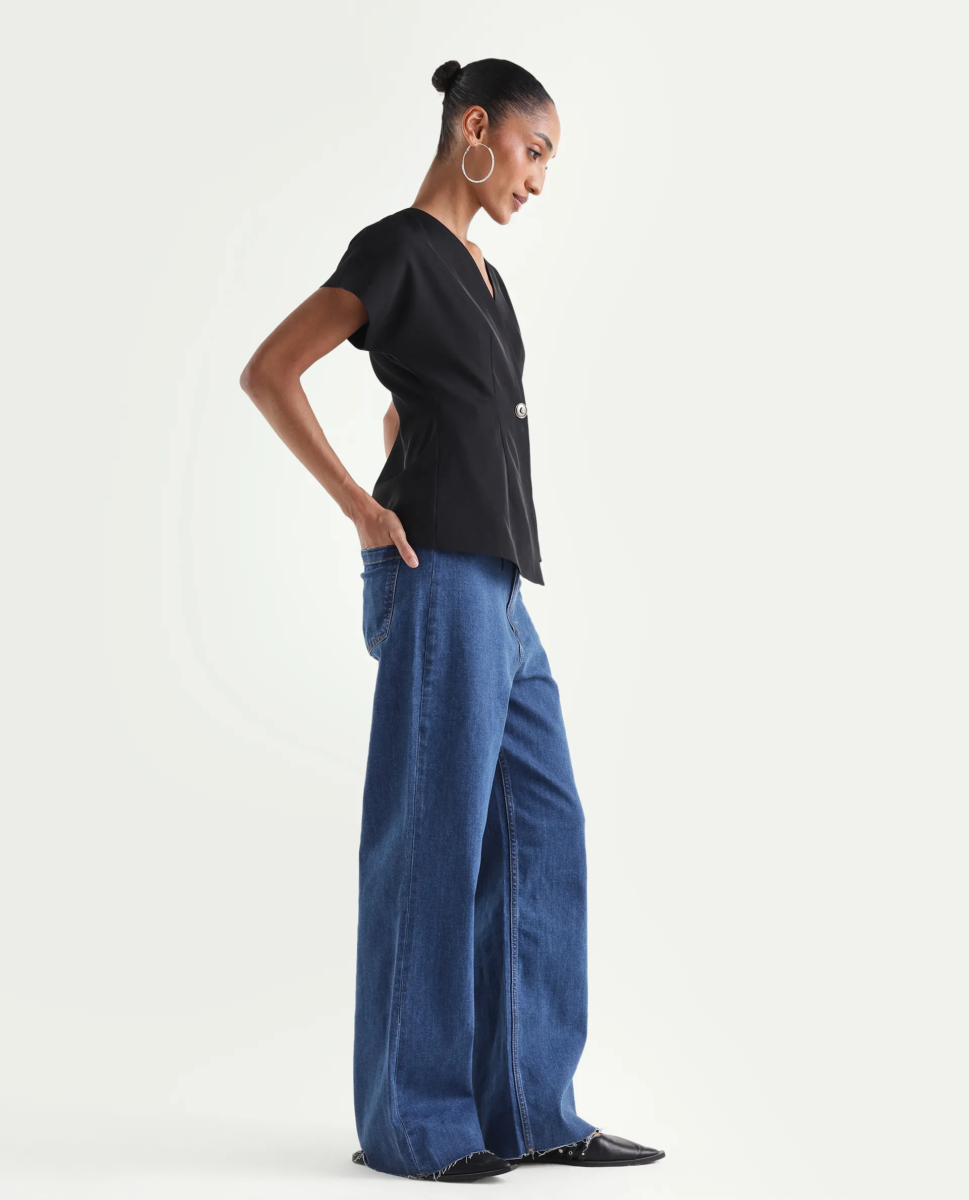 Rareism Women's Miniko Dark Blue Cotton Blend Plain Ankle Length Effortless Sculpt high wide Jeans - Image 6