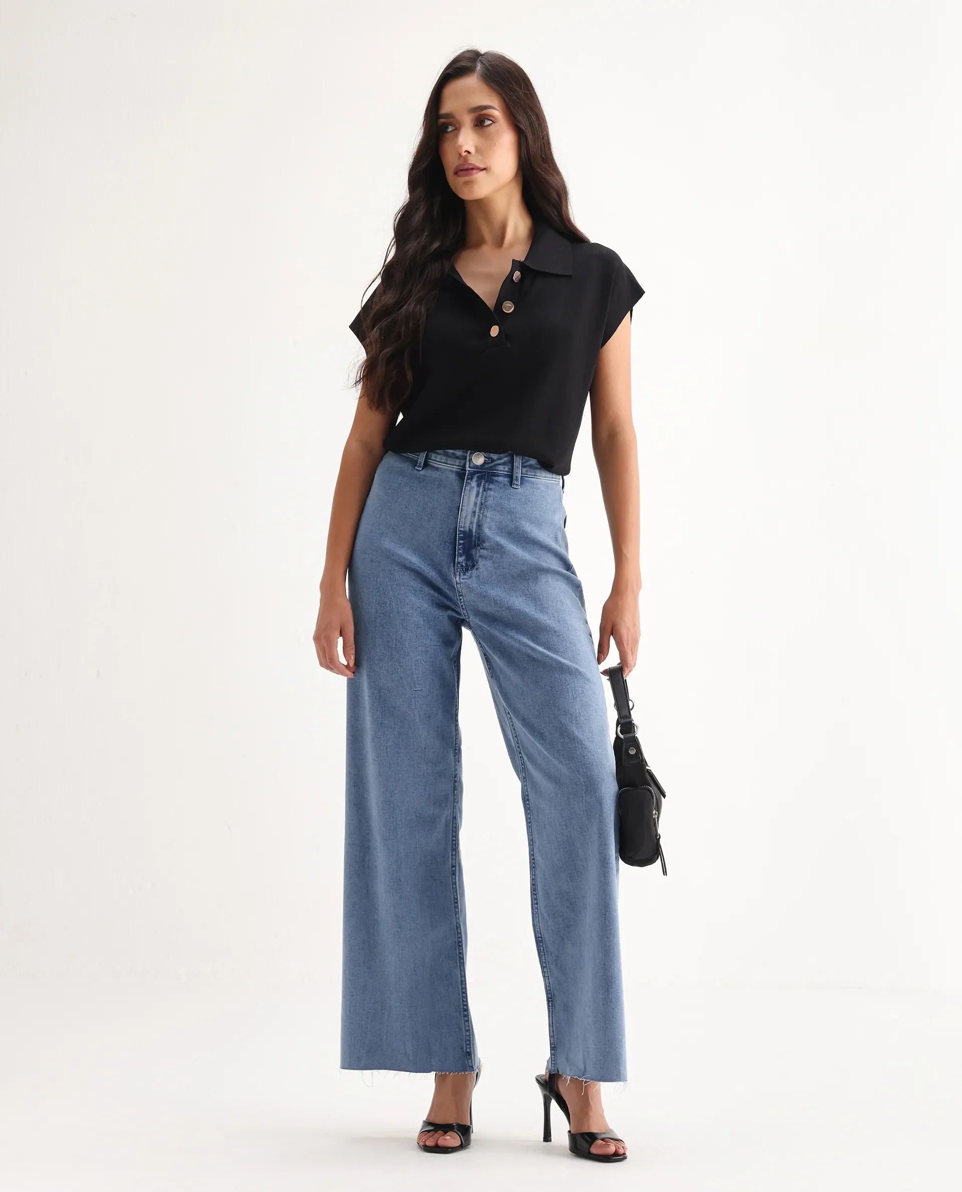 Rareism Women's Miniko Light Blue Cotton Blend Plain Ankle Length Effortless Sculpt high wide Jeans